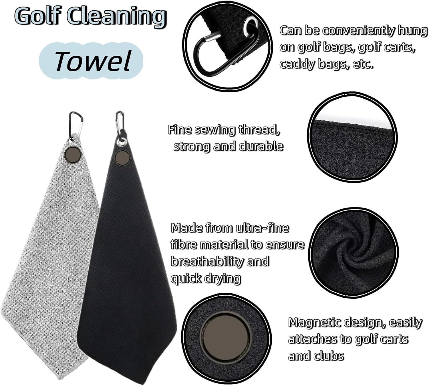 Magnetic Golf Towel, Microfiber Towels with Clip, Cleaning Towels for Clubs and Balls, Essential Golf Towel, Strong Magnet for Bags, Cart, 2-Pack Black and Gray Set 15.75 x 23.62 inch