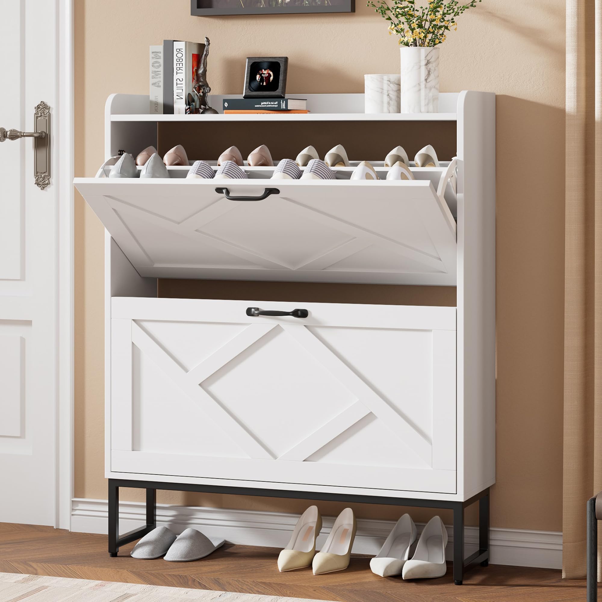 Nicetree Shoe Cabinet with 2 Flip Drawers, Freestanding Shoe Organizer, Shoe Cabinet with Metal Legs, Narrow Shoe Rack Cabinet for Entryway, Foyer, Hallway, White