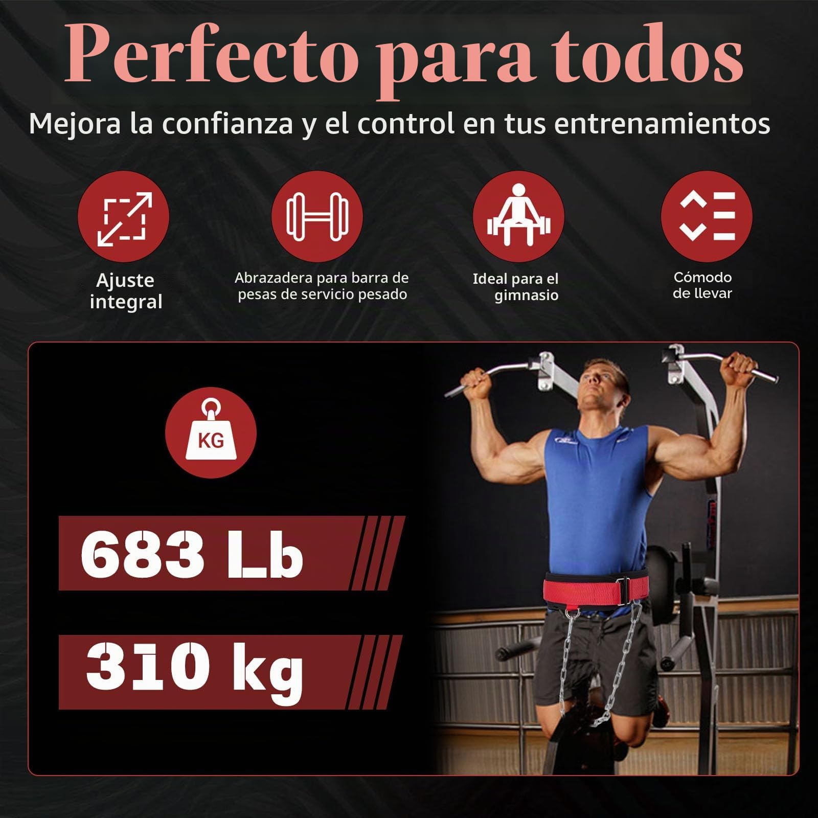 Cinturon Lastre 3 en 1 con Cadena para Dominadas y Fondos, Cinturon Gym Hombre para Peso Adicional, Cierre Autorretentivo hasta 310kg - Equipo de Fuerza para Gimnasio
