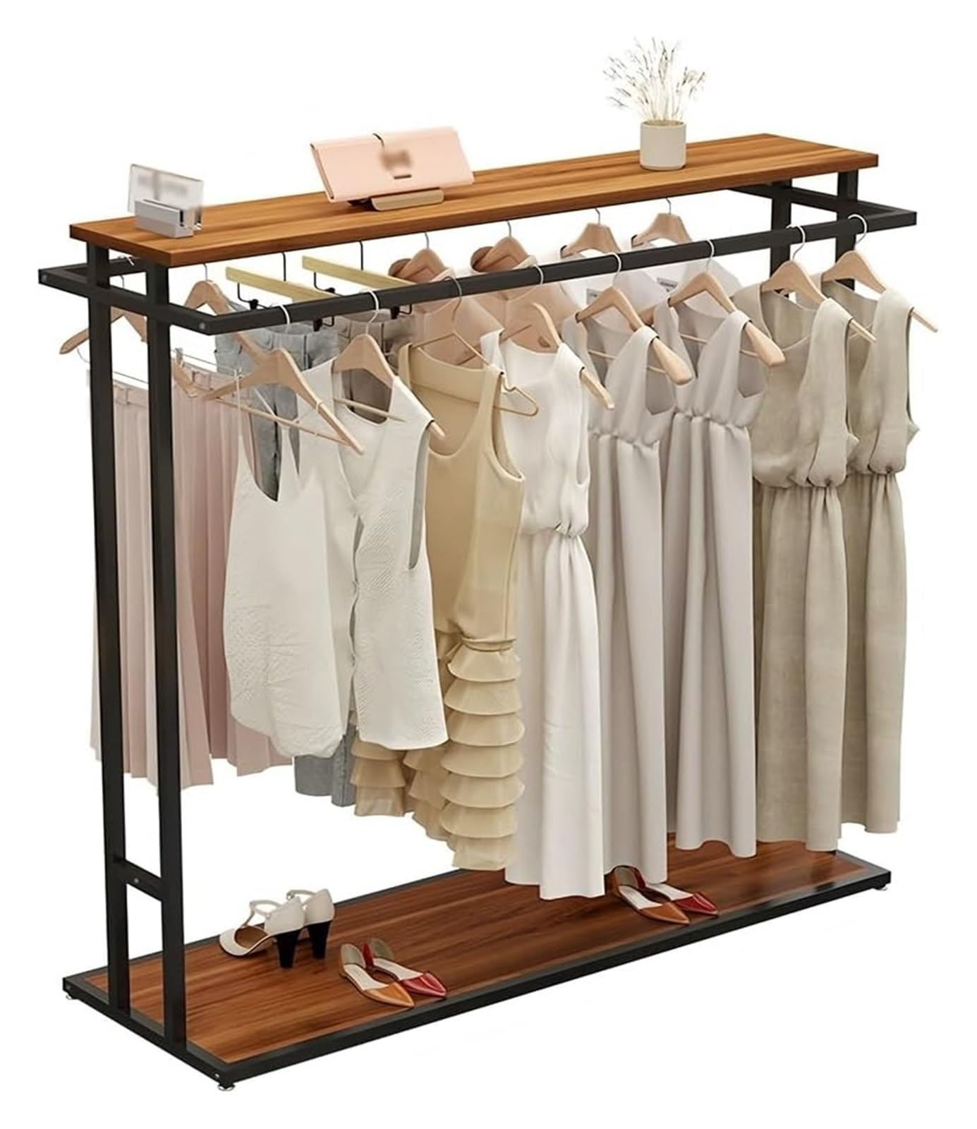 Sturdy Metal Clothes Rack with Double Hanging Rods Shelves Floor Standing Garment Organizer for Home Storage Brown 150x50x150