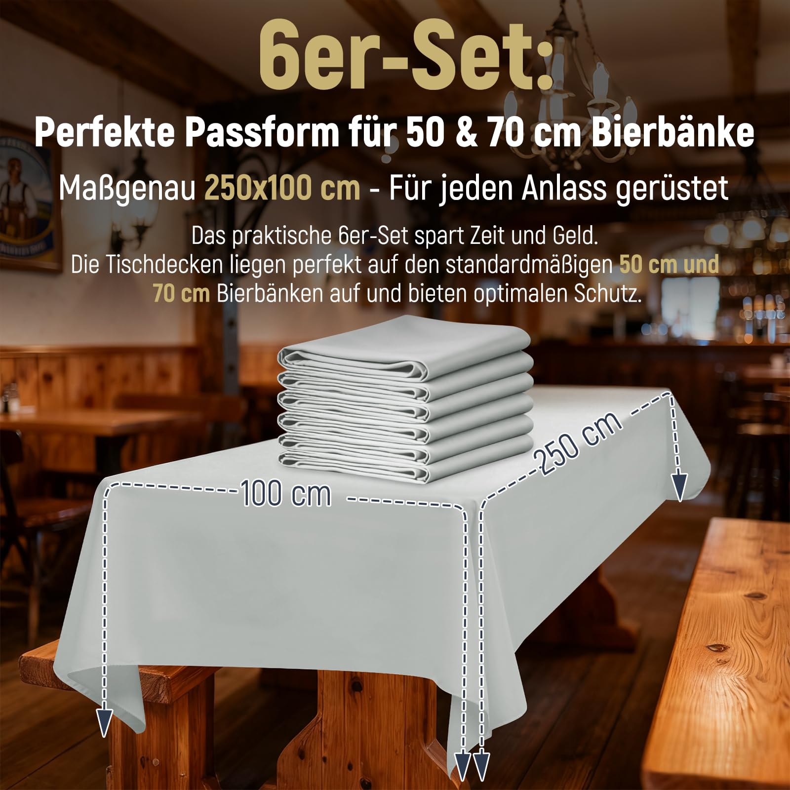 Lot de 6 Nappes Gris Clair Rectangulaire 100 x 250 cm Imperméable Nappe de table en Polyester, Anti-Rides Lavable en Machine, Pour Table à Bière/Table Pliante, Mariage, Anniversaire, Fête & Banquet