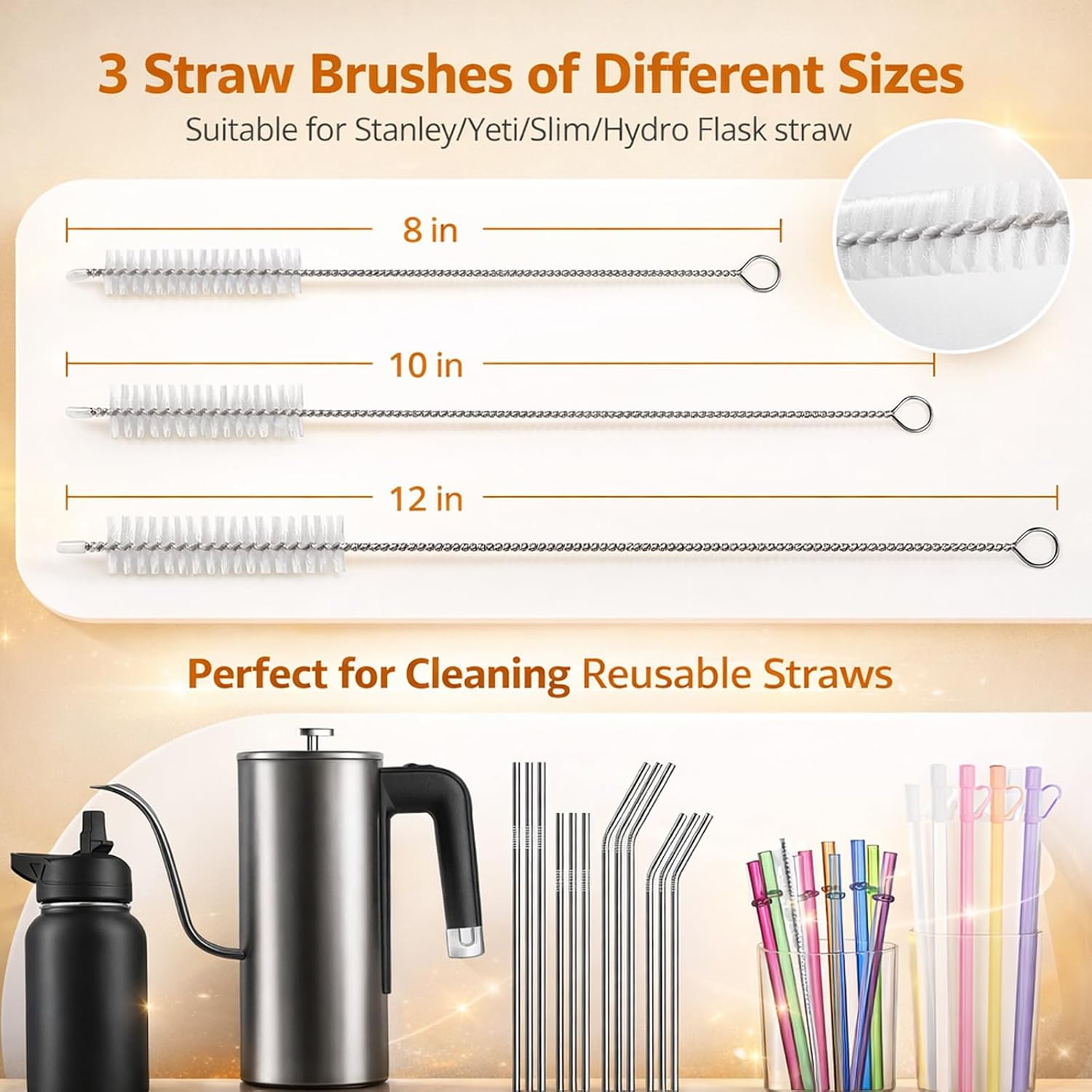 5 Pack 5-in-1 Bottle Brush Set,Long Handle Water Bottle Cleaner Brush with 3 Straw Brushes & Removable Detail Gap Brush, Cup Lid Cleaning Brush for Tumbler, Thermos, Water Bottle & Travel