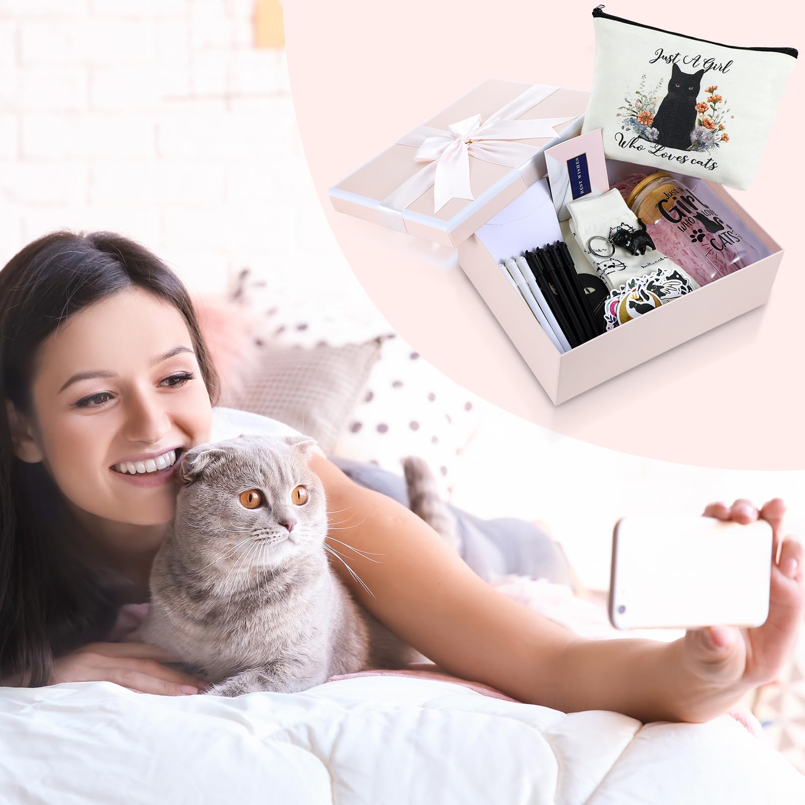 Aliceset 62 piezas de regalos para amantes de los gatos para mujeres, juegos de regalos para mamá y gato, incluye bolsa de maquillaje con patrón de gato, bolsa de maquillaje, calcetines de vidrio de
