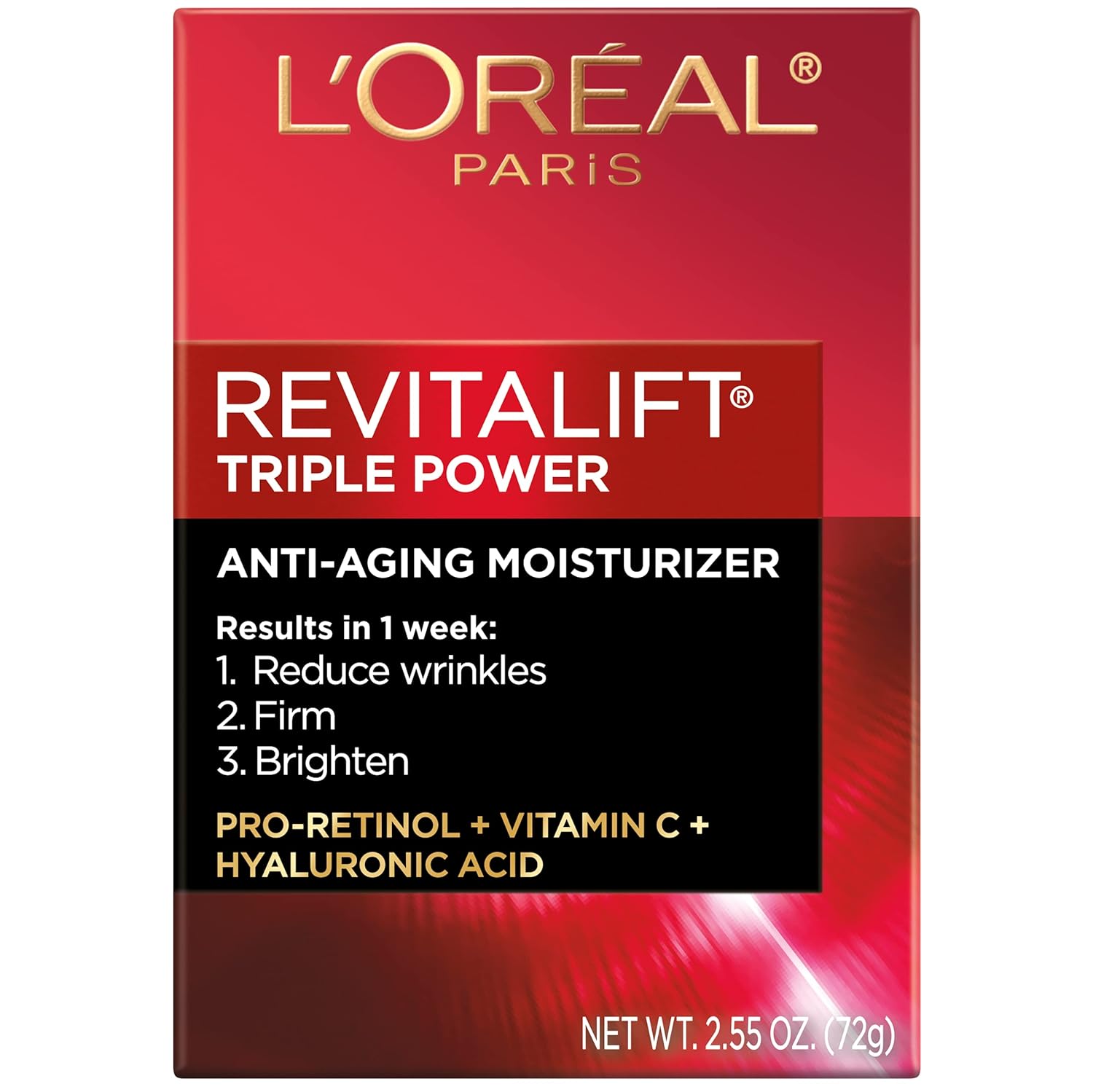 L'Oreal Paris Skincare Revitalift Triple Power AntiAging Face Moisturizer with Pro Retinol, Hyaluronic Acid & Vitamin C to reduce wrinkles, firm and brighten skin, Cream, 2.55 Ounce (Pack of 1) : Beauty & Personal Care