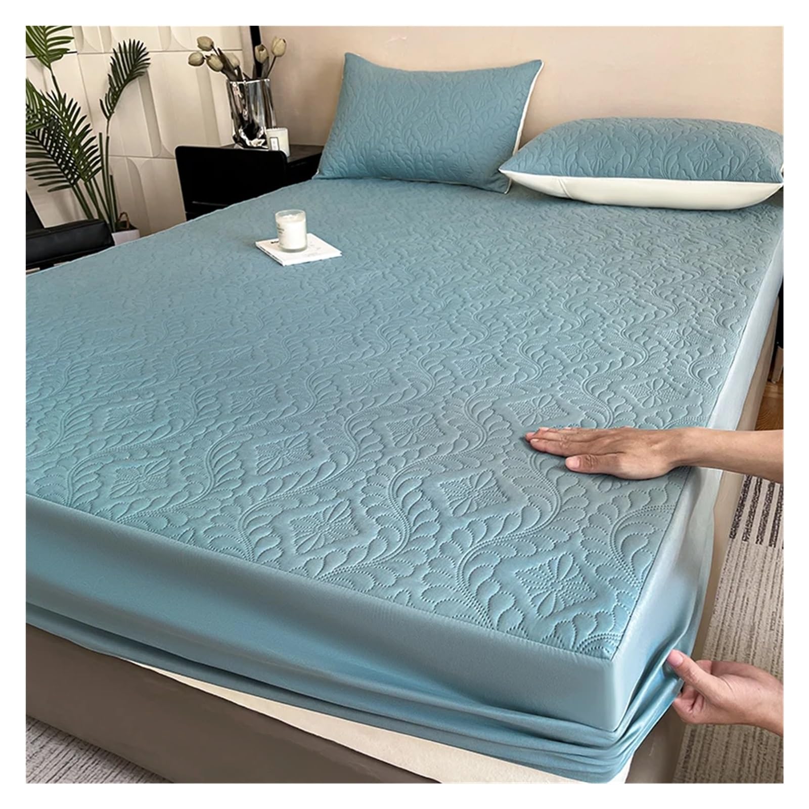 Waterproof Quilted Mattress Protector Breathable Bed Linen Mattress Cover No Pillowcase for Bedroom(Lake Blue,140x200x30cm)