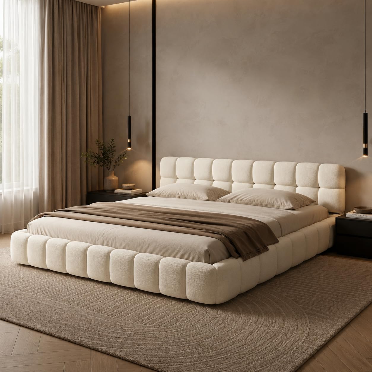 DULRLLY Bubble Bett 140x200, Bett 140x200 mit Lattenrost, Jugendbett mit Gepolstertes Kopfteil, Bettgestell für Schlafzimmer und Gästezimmer, ohne Matratze, Leinenstoff (Beige)