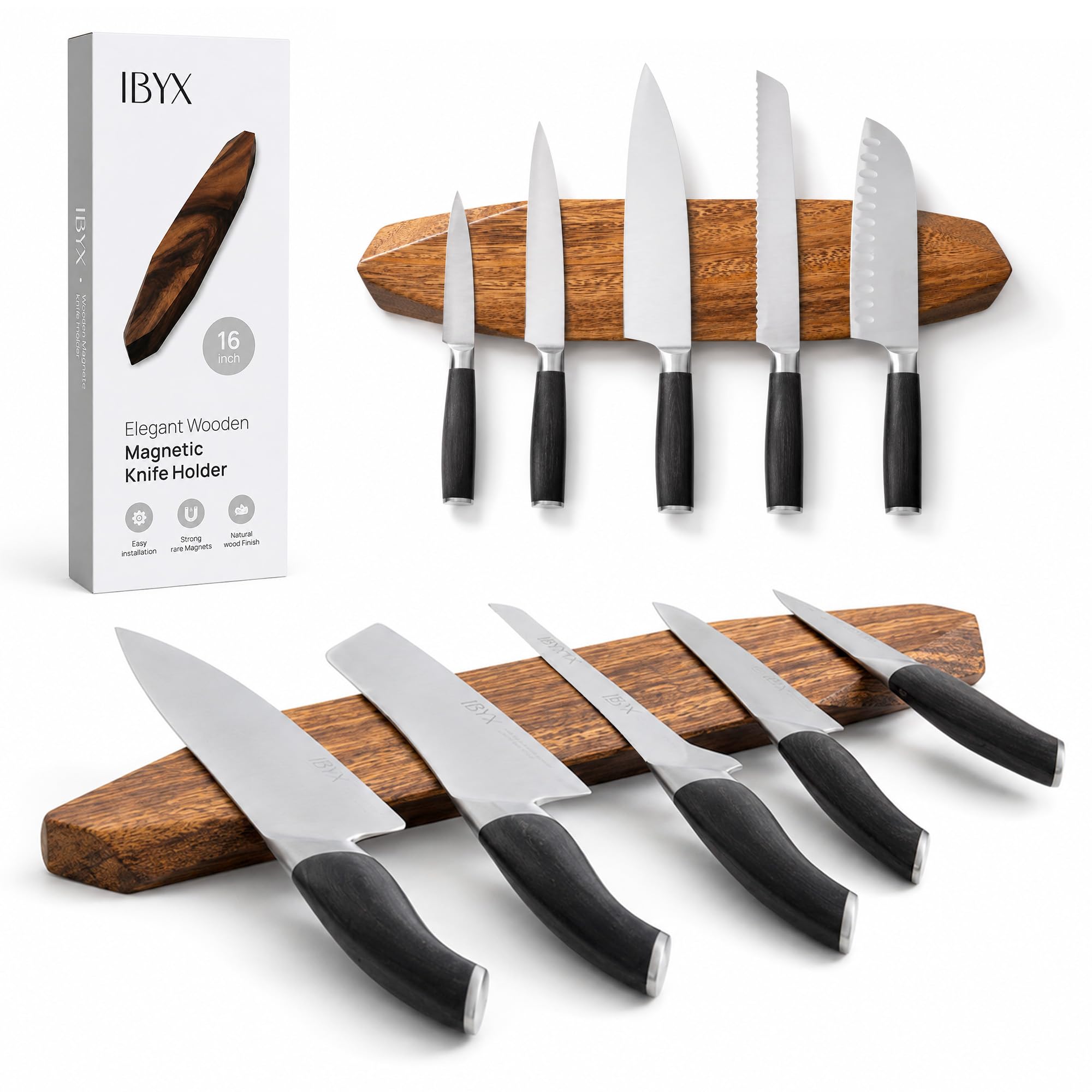 Ibyx Magnetic Knife Holder - Acacia Wooden Wall-Mount Magnetic Knife Strip &amp; Organizer with 3M No-Drill &amp; Screw Mount Options, Water-Resistant Universal Knife Holder | 16 Inches, Capacity 8.8 lb