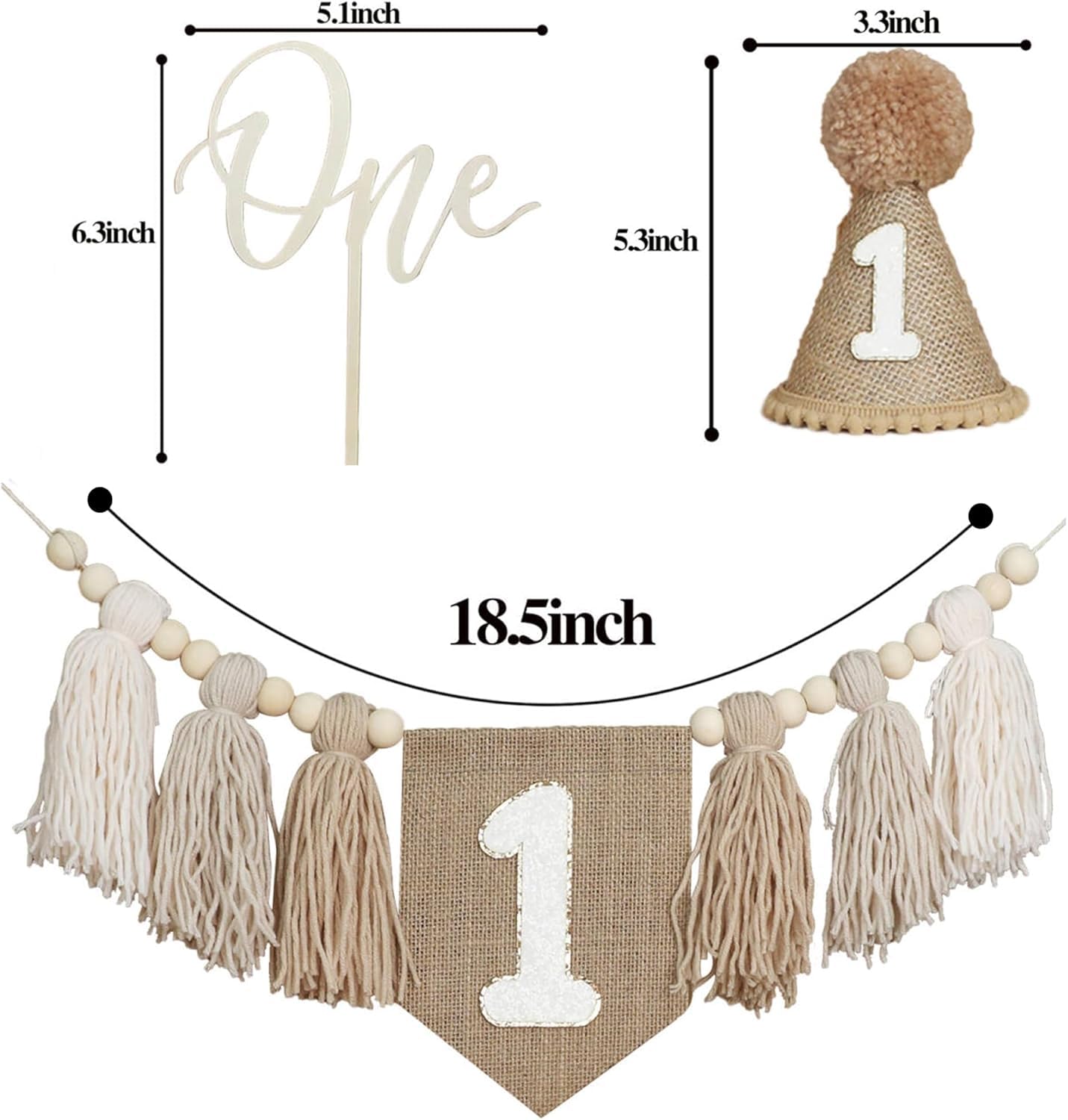 Striscione per seggiolone per primo compleanno, decorazione per primi ragazzi, cappello a cono cachi con un topper per torta sfondo fotografico (Kahaki 2)