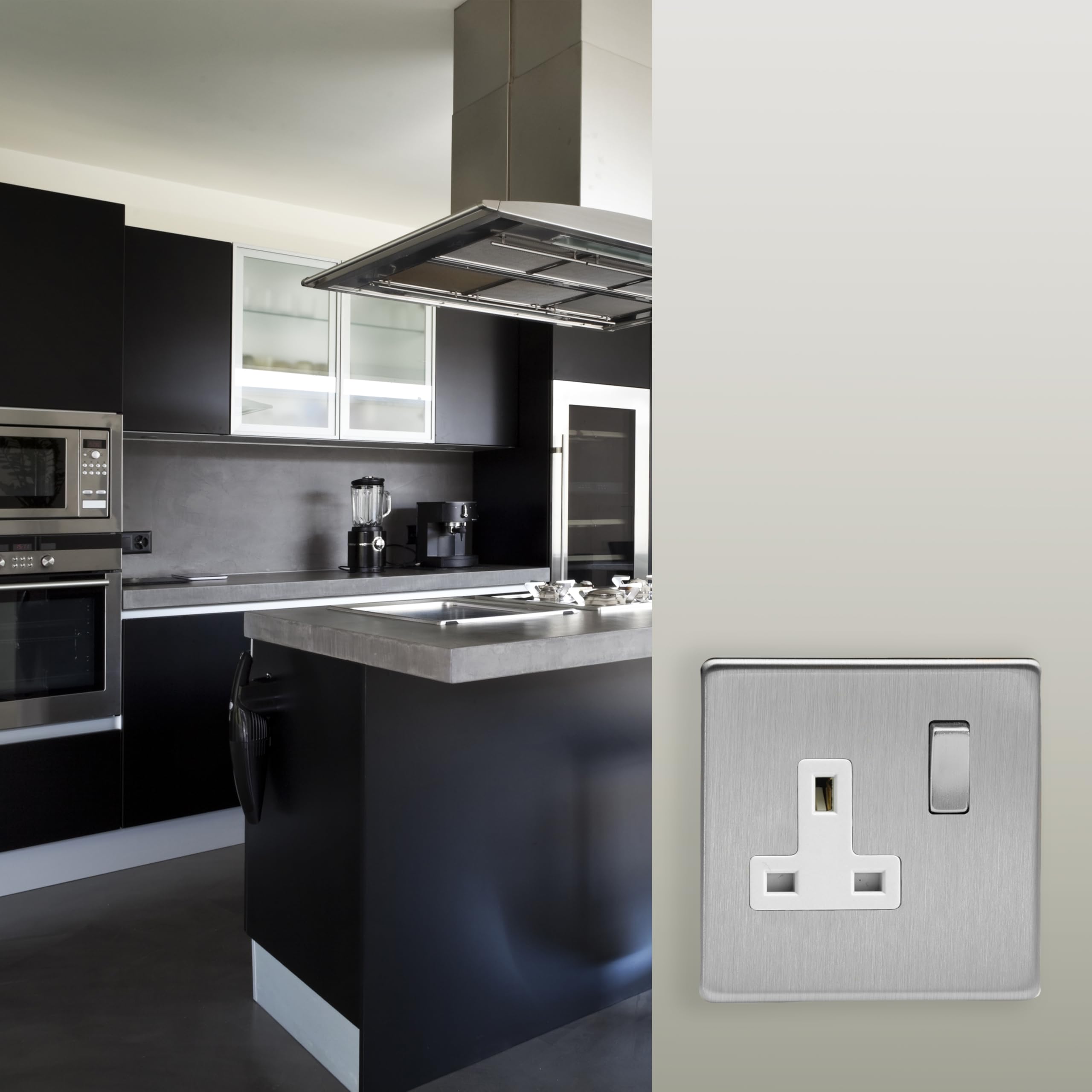 Varilight - 1 Gang 13 Amp Single Switched Socket Dimension Screwless Matt Chrome - XDS4WS, Brushed Steel, 86x86x32mm - Image 2
