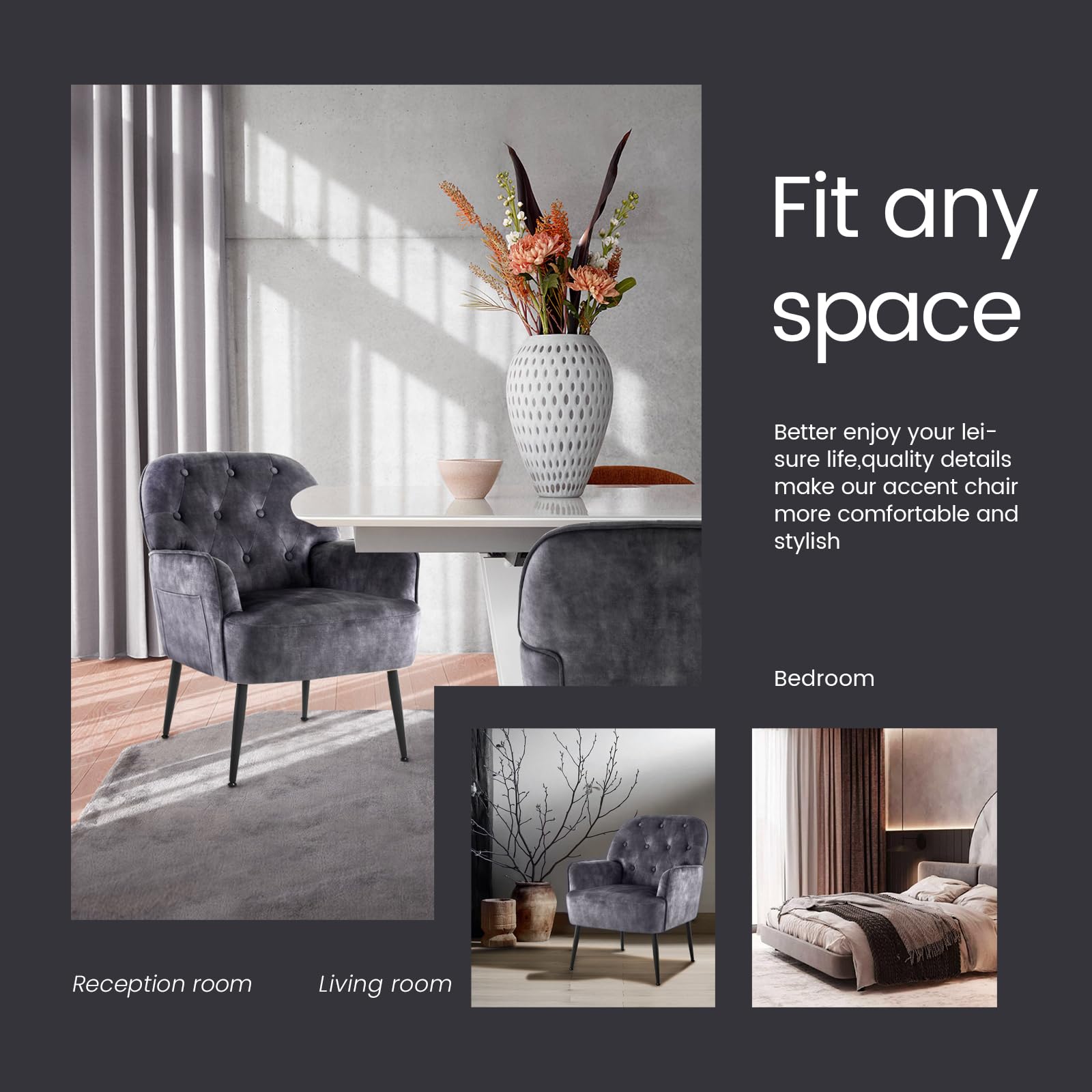 IWMH Sessel Wohnzimmer Schlafzimmer, Lazy Lounge Cocktailsessel Bequemer mit Armlehnen und Einer Seitentasche, Samt Modern dreh Polster Lesesessel mit Metallbeinen (Grau)