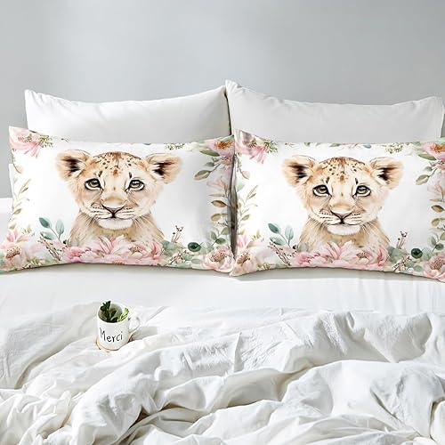 Miniatura 7 de Erosebridal Juego de sábanas de dibujos animados de león tamaño individual para niños, juego de sábanas con estampado floral rosa para niñas y