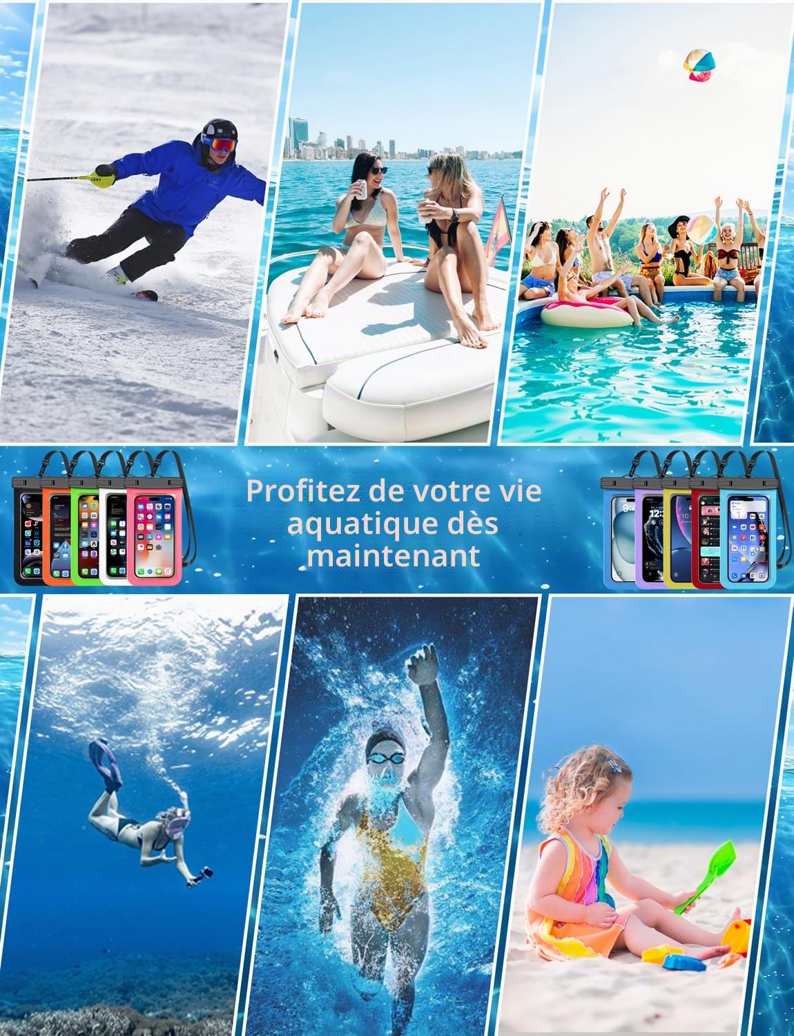 Lot de 4 Multicolores Pochettes étanches pour téléphone, Grand Pochettes étanches pour téléphone (Niveau de Protection:IP68) Sports de Plein air pour Apple iPhone, Samsung et jusqu'à 7,5 Pouces