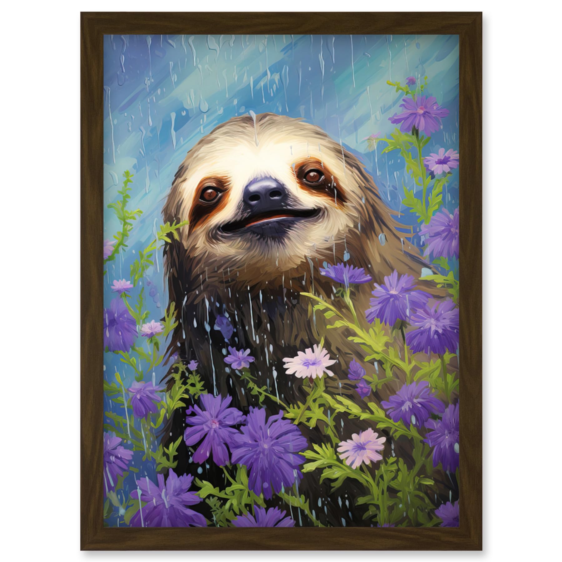 Artery8 Kids Artwork - Sloth in Lavender Daisies Oil Painting - Framed A4 - Brown