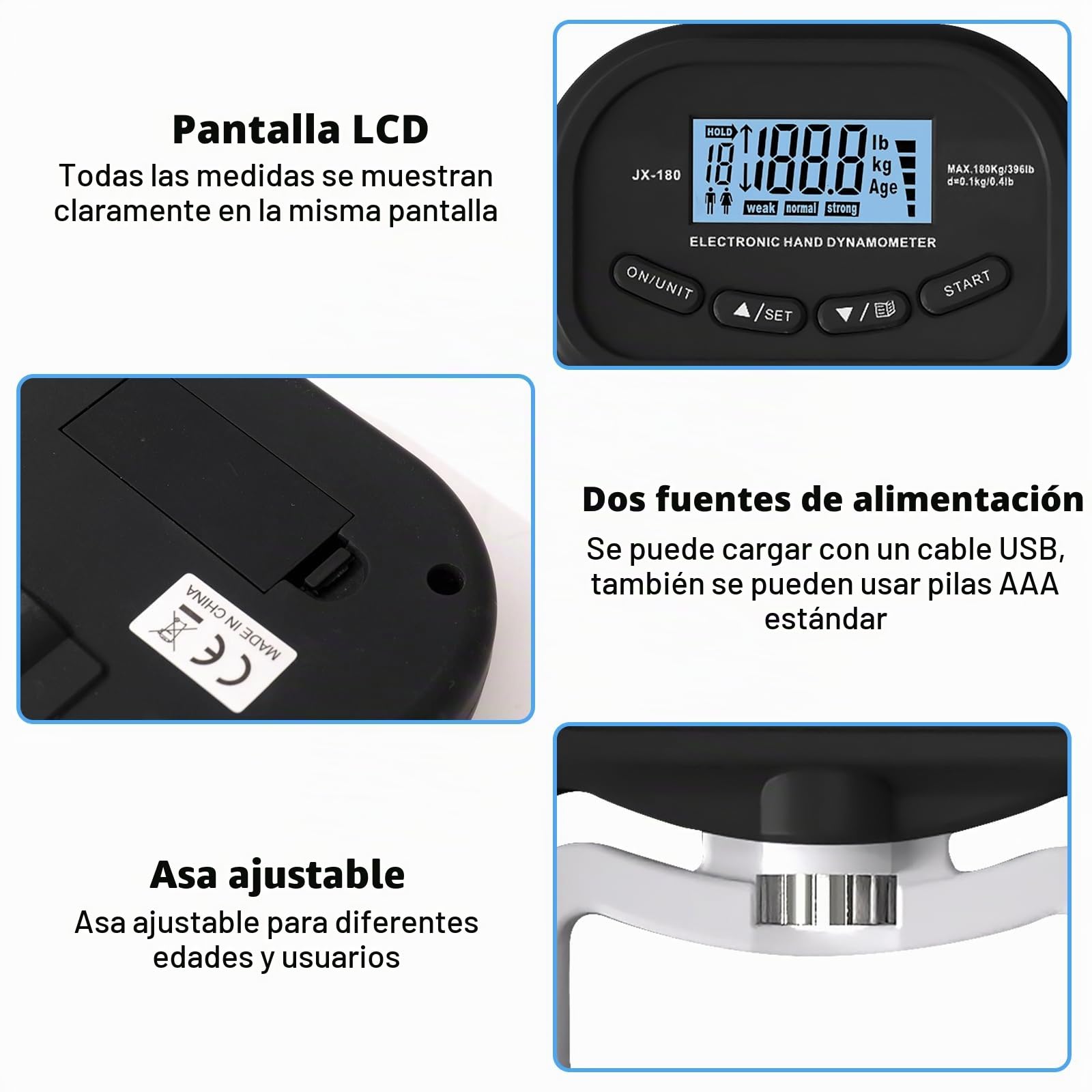 Medidor digital de fuerza de mano 90 kg / 198 lb dinamómetro con pantalla LED USB
