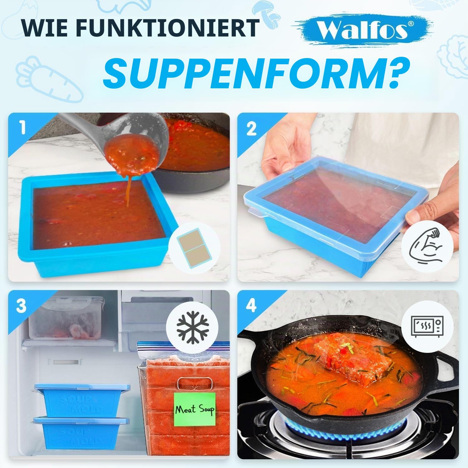 Walfos 2 Tassen Silikon-Gefrierblech mit Deckel – einfache Mahlzeiten-Vorbereitungsbehälter und Küchenaufbewahrungslösung, perfektes Einfrieren, Aufbewahren von Suppen, Lebensmitteln, Eintöpfen, Dips