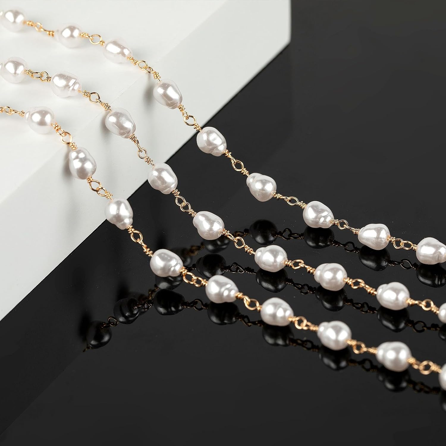 YOUBEIYEE 13 Feet Imitation Pearl Bead Chain Bulk KC Gold Plated Brass Jewelry Chain for Jewelry Making Necklace Bracelet DIY Handmade Craft Chain Roll