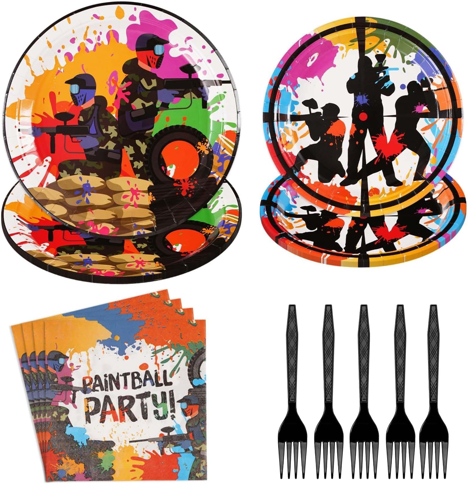 Grencian 96Pcs Paintball Party Supplies Paintball Neon Paper Plates and Napkins Paint Ball Gun Tableware Sets Shooting Splatter Bomb Buster for Kids Boys Holiday Birthday Party Supplies Serves 24