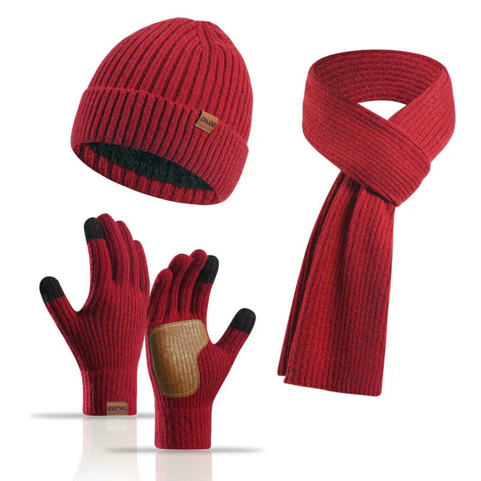 Mütze,Schal & Handschuh-Sets 3 Teile Satz Winter Frauen Beanie Hut Lange Schal Handschuhe Set Warme Gestrickte Für Außerhalb Sport Skifahren Laufen-Burgund-einheitsgröße