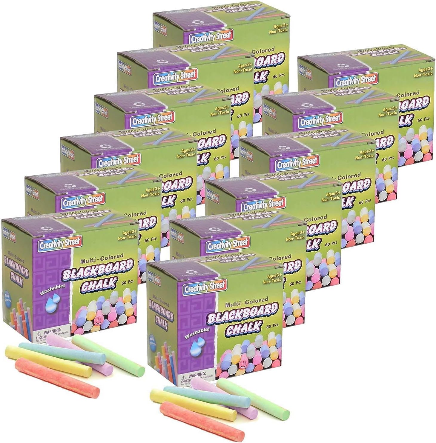 PACON® Blackboard Chalk, 5 Assorted Colors, 3/8" x 3-1/4", 60 Pieces Per Pack, 12 Packs