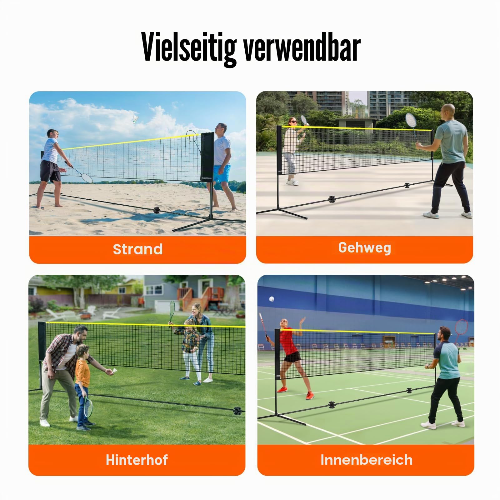 VEVOR Badmintonnetz, Höhenverstellbares Volleyballnetz, 606 x 155 x 103 cm Faltbares Pickleballnetz, Tennisnetz-Set mit Stangen, Ständer, Tasche, Schlägern, Nylon-Federbällen, Badmintonnetz-Set