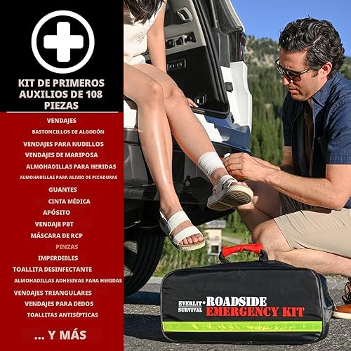 Vista 5 de Everlit Kit de emergencia para automóvil de supervivencia, kit de herramientas de seguridad en carretera con guantes, compresor de aire digital