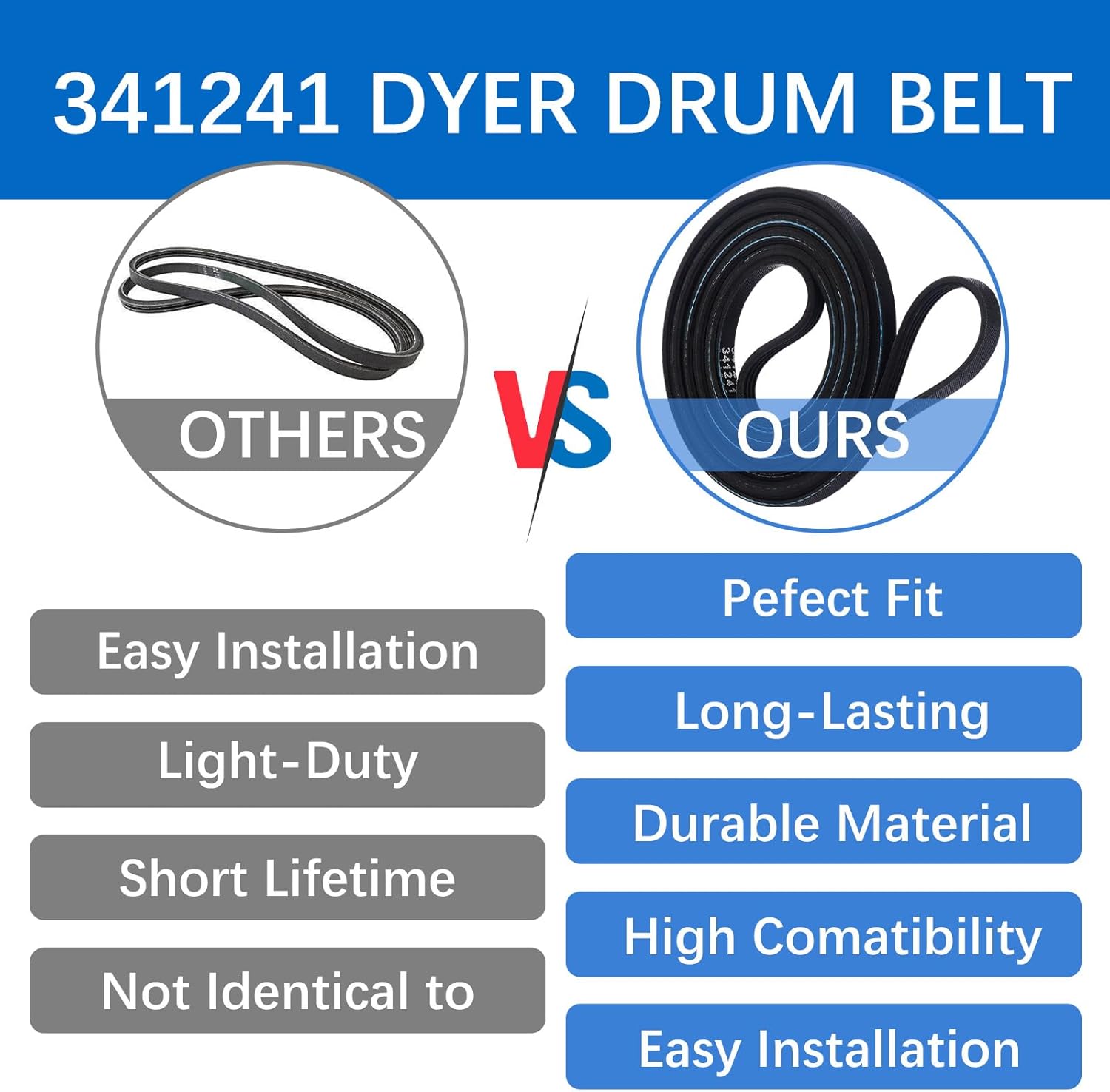 4PCS 341241 Dryer Drum Drive Belt Compatible with Various Dryer Models, Replaces AP2946843, W10127457, 8066065, FSP341241, PS346995, 14210003, 31001026, 31531589 and Other Part Numbers