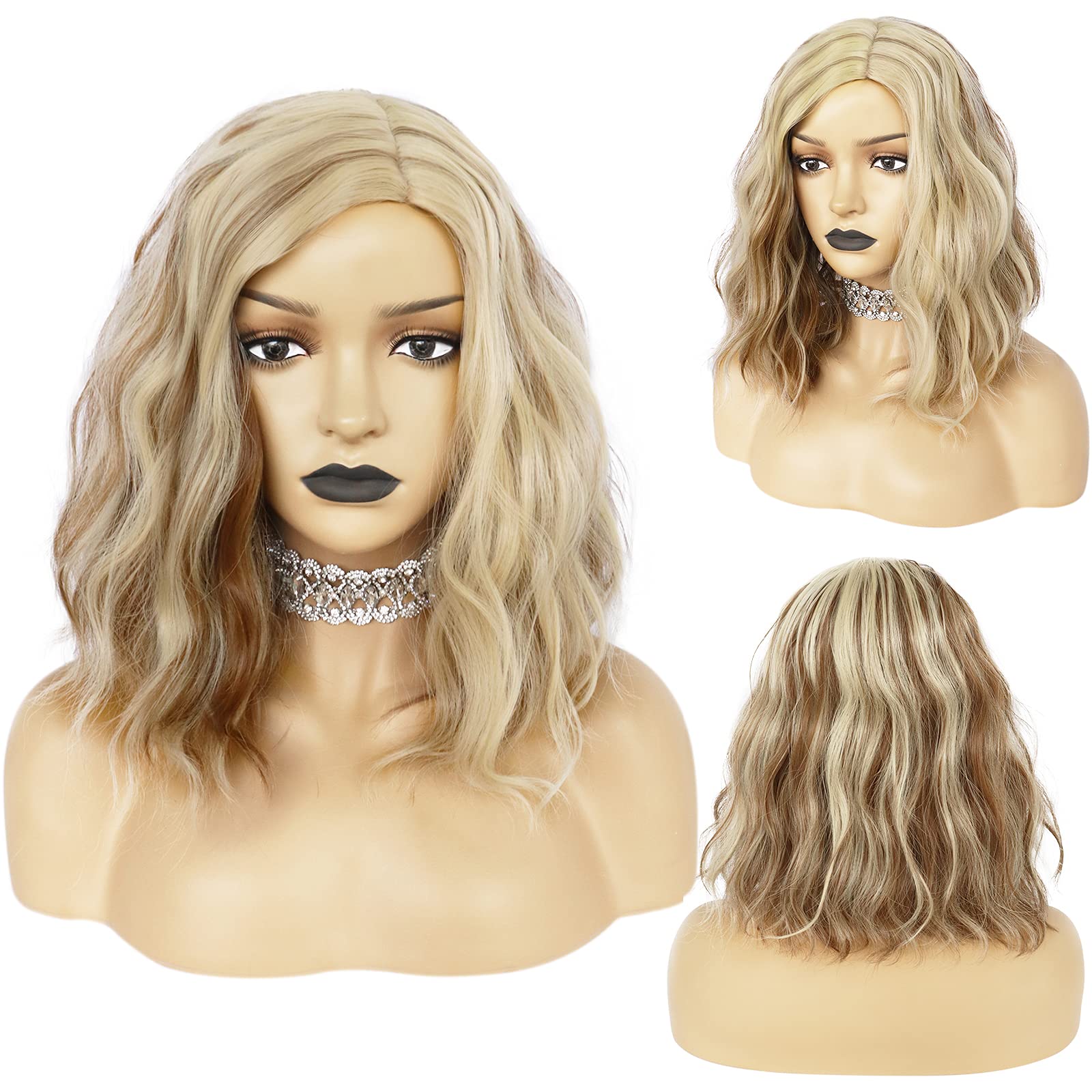 AnogolWig+Blonde Mix Brown Wig Cosplay Shoulder Length Bob Wavy Cosplay Wigs Synthetic Hair for Women Halloween Party Costume