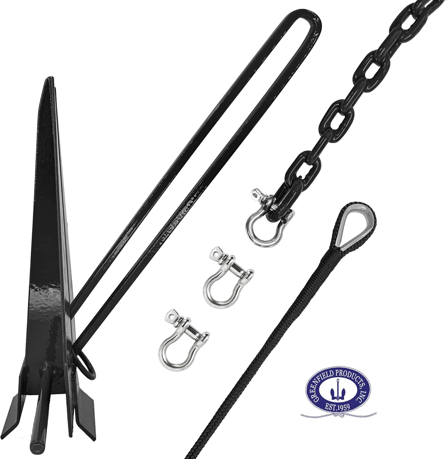 Greenfield Complete Fluke Anchor Kit – American-Made, Includes Chain, 100ft Rope & Shackles | Sizes for Boats up to 16' & 24'