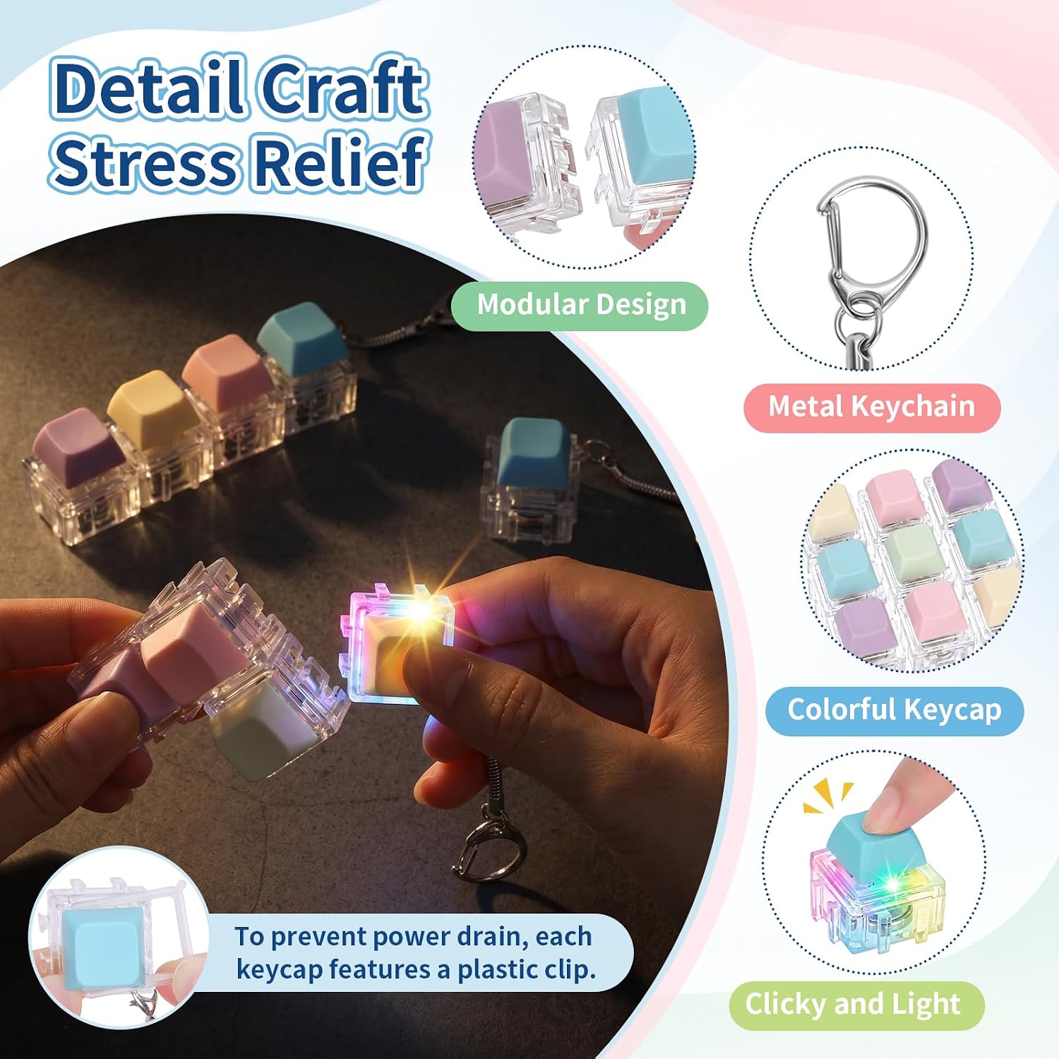 9 Pack Keyboard Fidget Toys for Adults Removable Keyboard Clicker Keychain with LED Light for ASMR Stress Relief Office Coworkers (MacaronColor01)