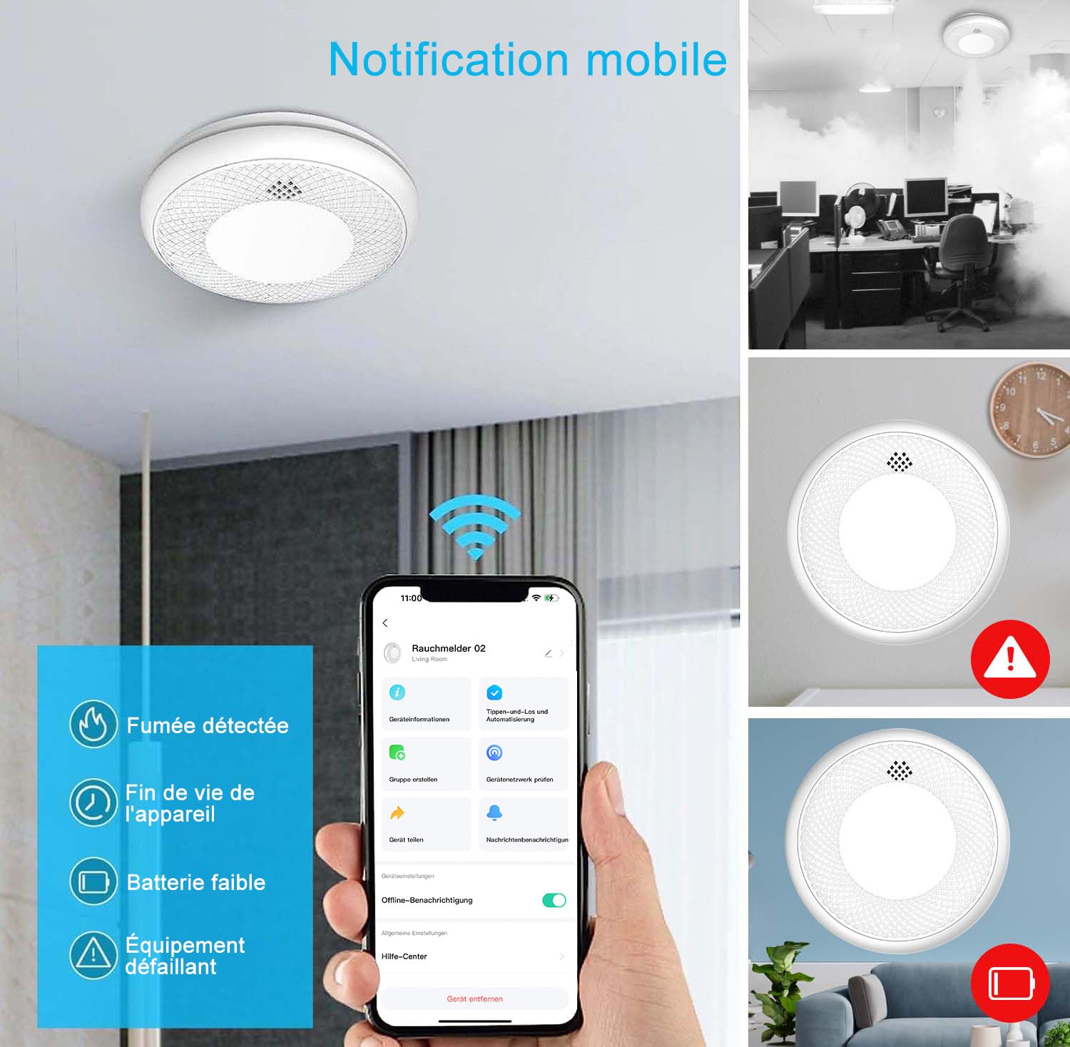 Détecteur de fumée Wi-FI Intelligent, Batterie de 10 Ans avec Notification d'App, Fonction silencieuse et Auto-Test, Conforme à la Norme en 14604 (Compatible avec l'App Tuya/Smart Life)-1 pièces