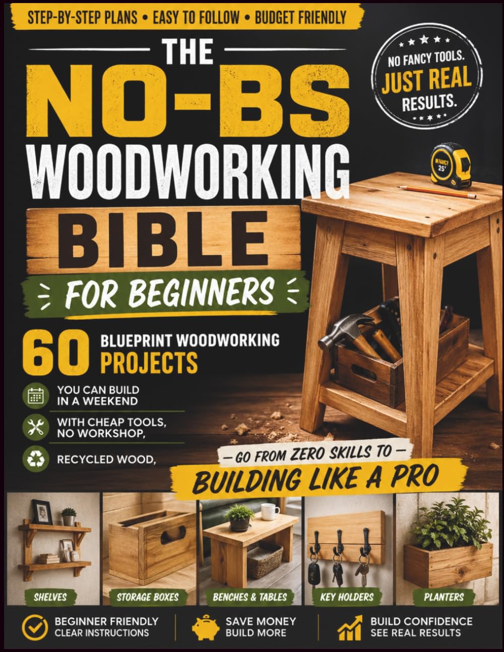 The No-BS Woodworking Bible for Beginners: 60 Blueprint Woodworking Projects You Can Build in a Weekend with Cheap Tools, No Workshop, Recycled Wood —Go from Zero Skills to Building Like a Pro