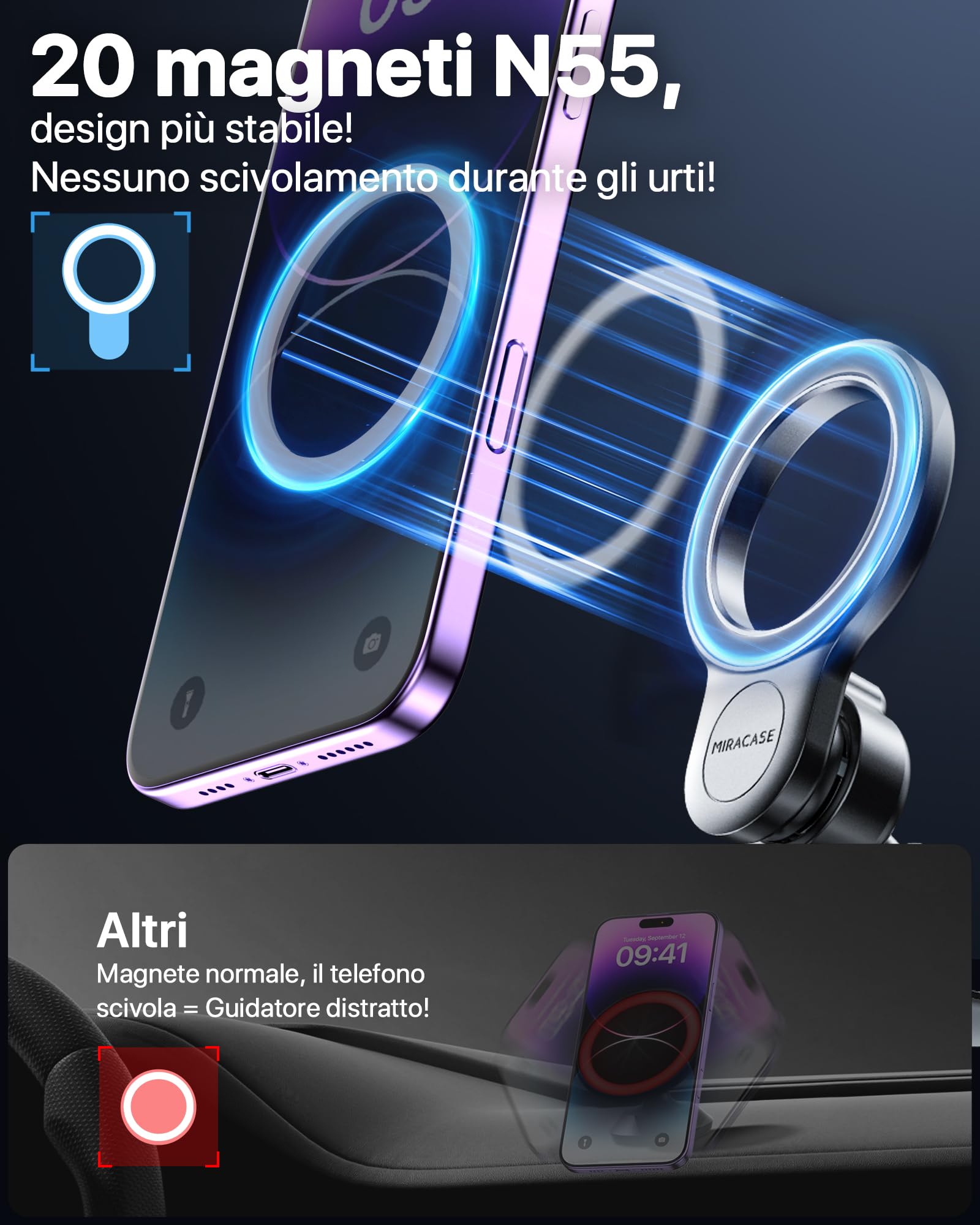 Miracase Porta Cellulare Auto con MagSafe【Potente Magnetico】Supproto Telefono Auto Magnetico【Gancio in Metallo】Porta Telefono Auto per Il Cruscotto & Presa d'Aria di Auto Compatibile con Smartphones