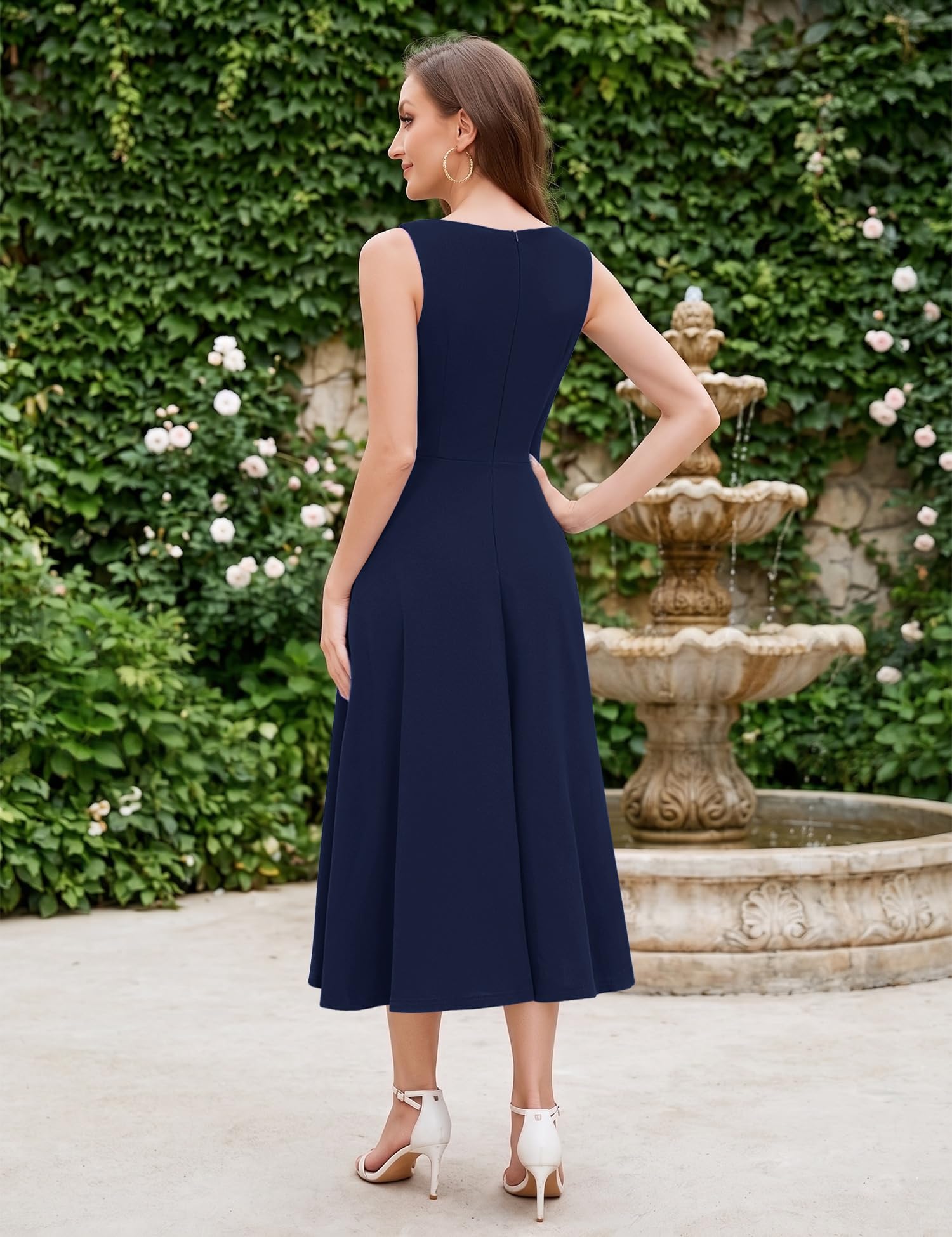 Aupuls Vestido de cóctel para mujer, midi sin mangas, vestido festivo, volantes, vestido de fiesta para boda