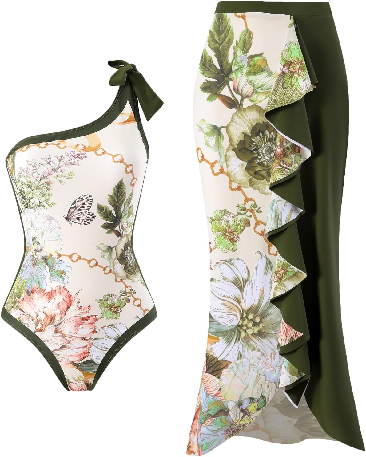 Women One Piece Swimsuit with Cover up Set High Waisted Beach Wrap Skirt Two Piece Bathing Suit