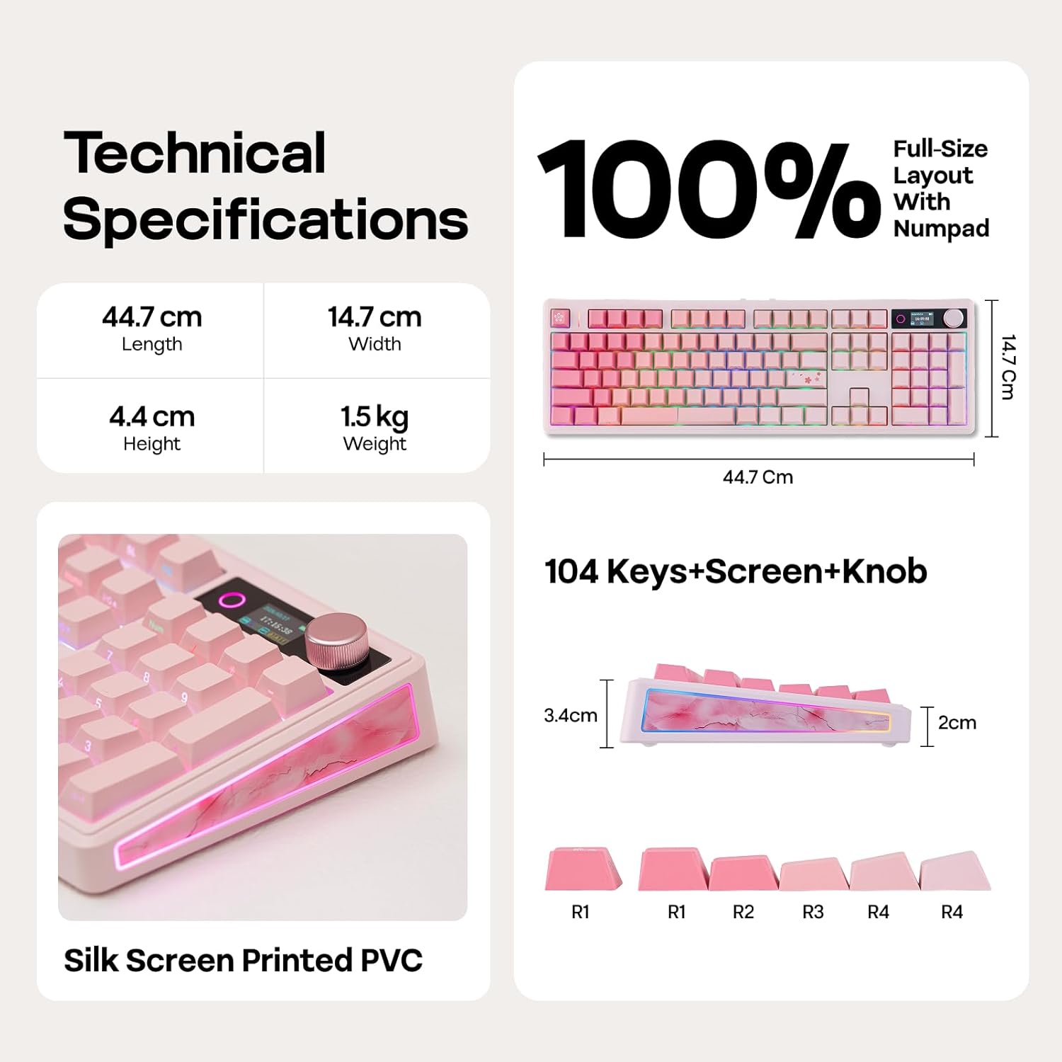 EPOMAKER TH108 V2 PRO Full Size Mechanical Keyboard with Screen&Knob, 10000mAh, BT/2.4Ghz, Mac Modifier PBT Keycap, Hot Swap, RGB, Gasket, Wireless Gaming Keyboard for Mac/PC (Pink, Creamy Jade)