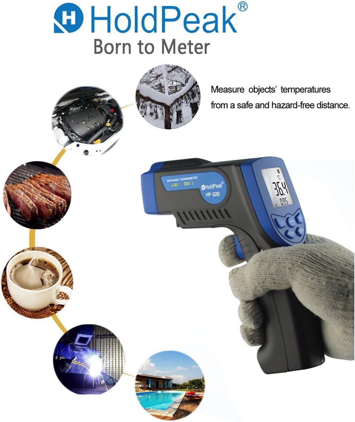 Step-by-step guide for easy battery replacement in the HoldPeak HP-320 infrared thermometer.