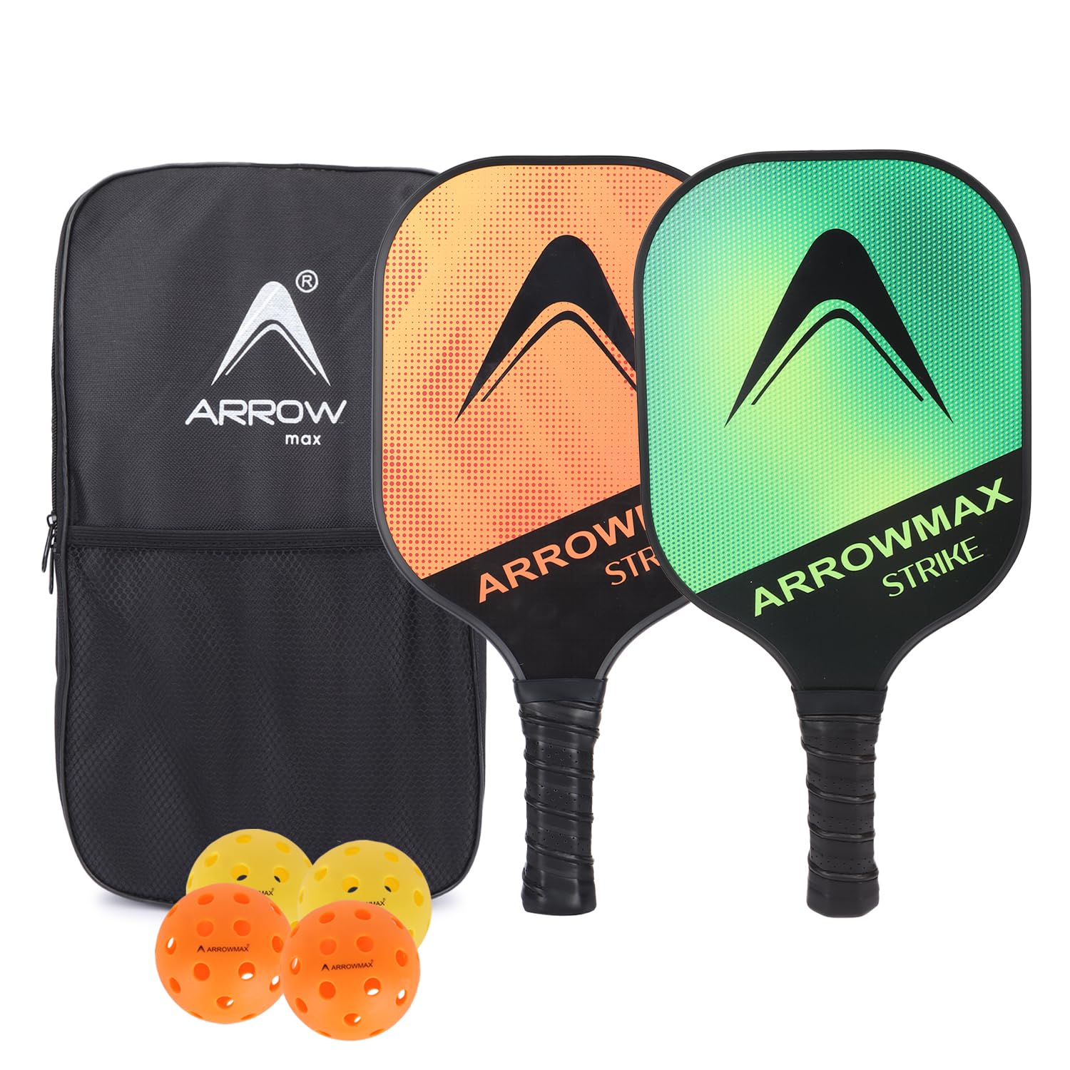 Arrowmax Pickleball Paddle Set of 2 – Multilayer Graphite & Fiberglass Face, SX3 Honeycomb Core, Lightweight Rackets with Ultra Cushion Grip, 4 Balls (40H) & Full Zipper Carry Cover