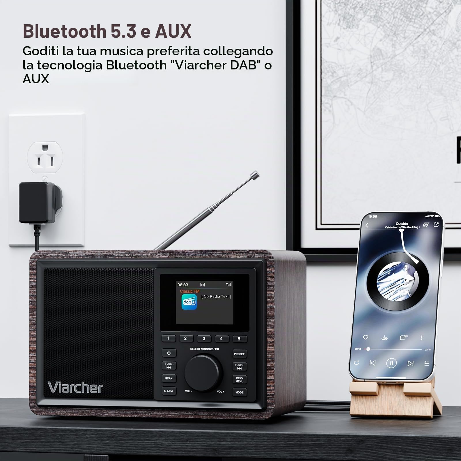 DAB/DAB+ e Radio FM Digitale con Bluetooth, doppia sveglia, timer di spegnimento, 60 preset, AUX IN, jack cuffie, display a colori 2.4'', radio da cucina per casa, noce