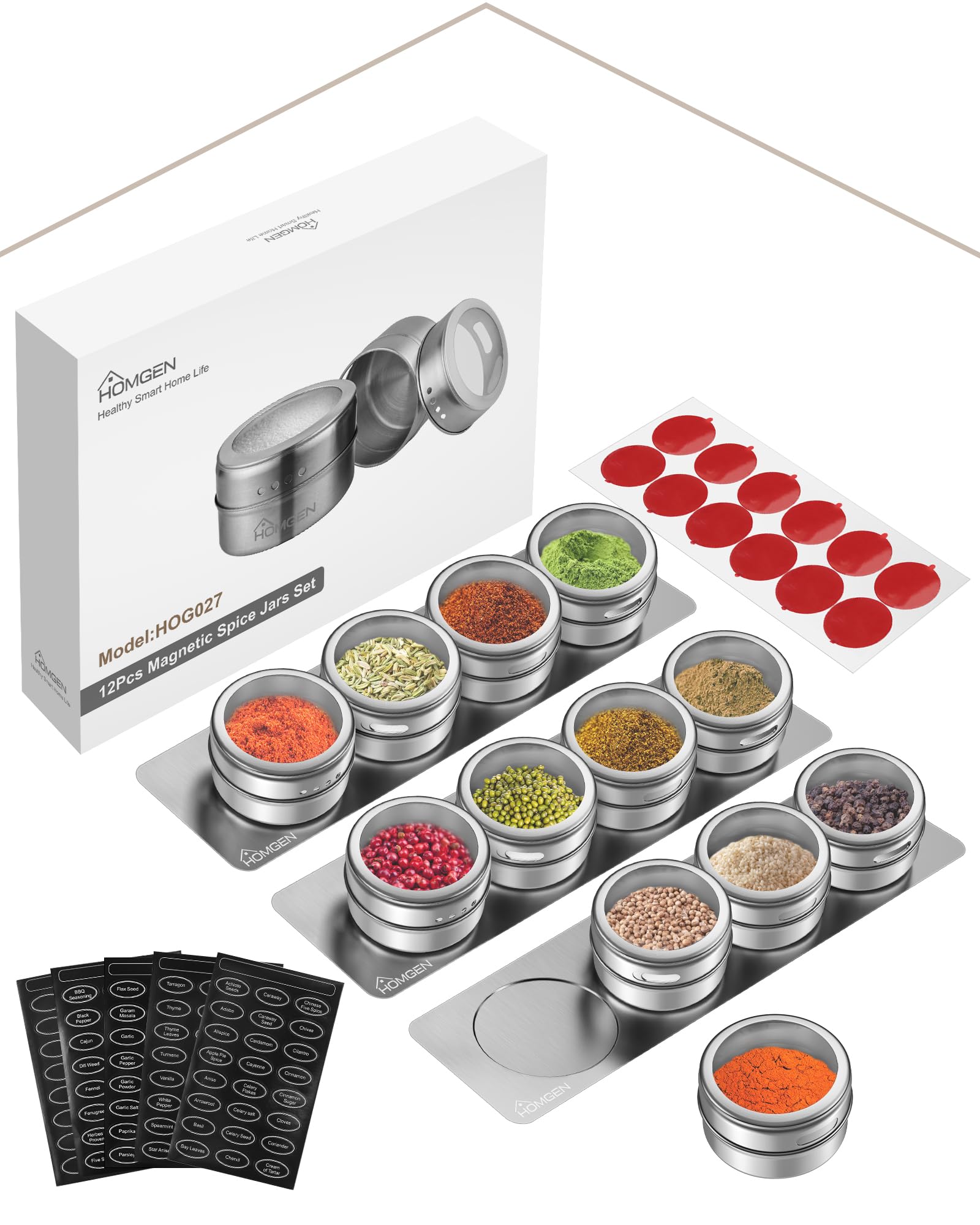 HOMGEN Gewürzdosen Magnetisch 12 Stück Edelstahl Gewürzgläser Set Magnet 100ml Gewürze Spice Jars Magnetisch Gewürz Organiser mit Separates Gewürzregal und Gewürzaufklebern