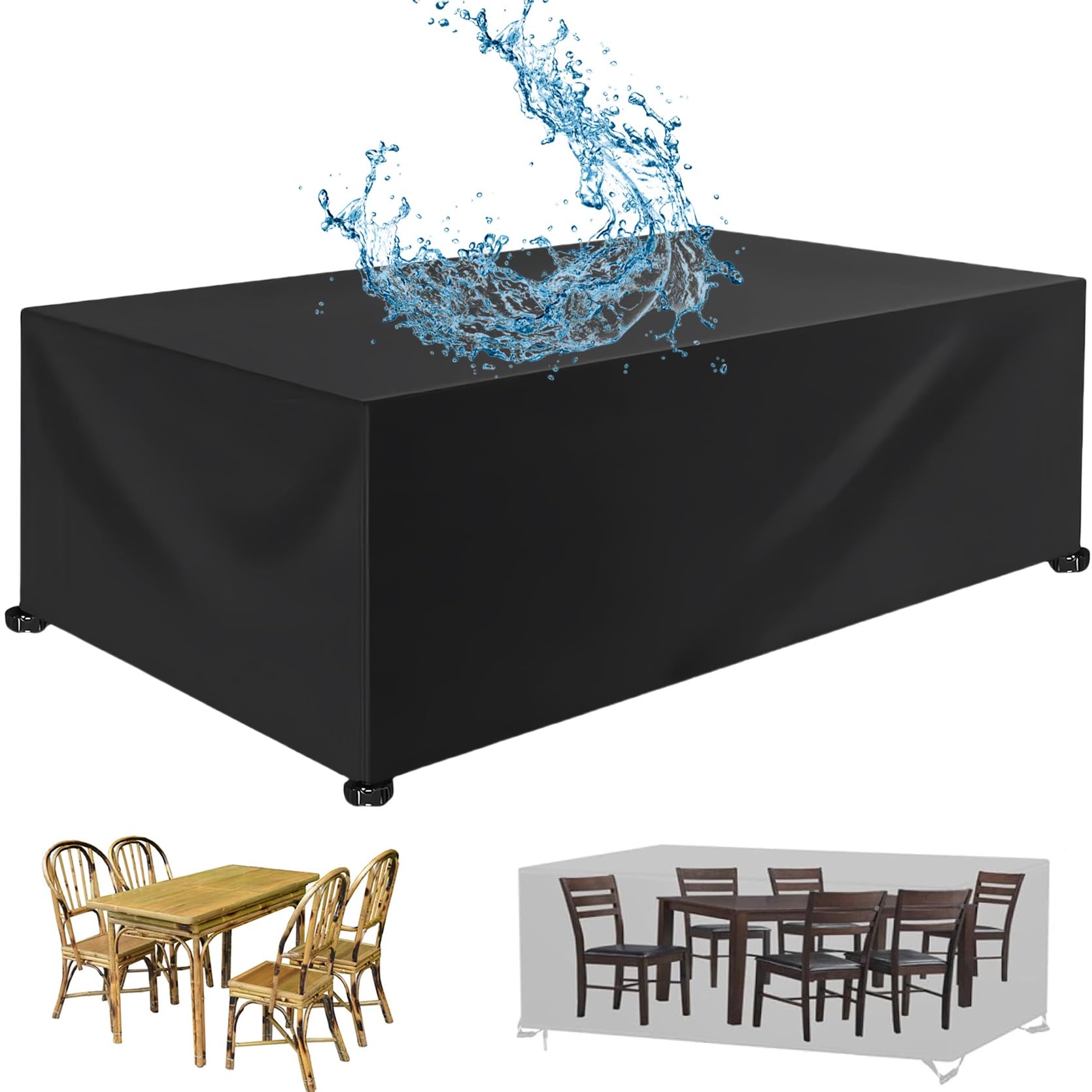 Quadrato Resistente Allo Strappo Copertura Tavolo 220 x 390 x 220 cm Antivento/Resistente Allo Strappo/Antipolvere, Copritavolo Esterno Telo Copertura Tavoli Oxford, per Sedie, Divani, Tavoli, Nero