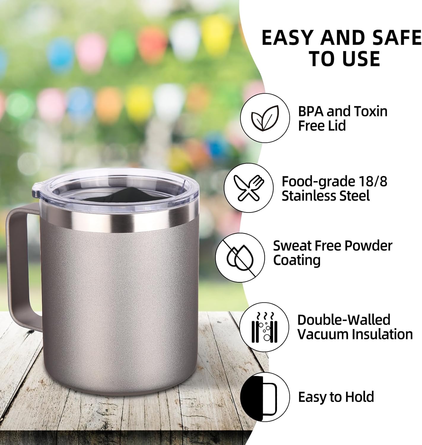 Volhoply 14oz Insulated Stainless Steel Coffee Mug with Lid Bulk 8 Pack,Double Wall Vacuum Travel Coffee Cup with Handle,Reusable Metal Cups Tumbler,Camping Mugs Keep Hot,Ideal Gifts(Gray,8 Set) - Image 4