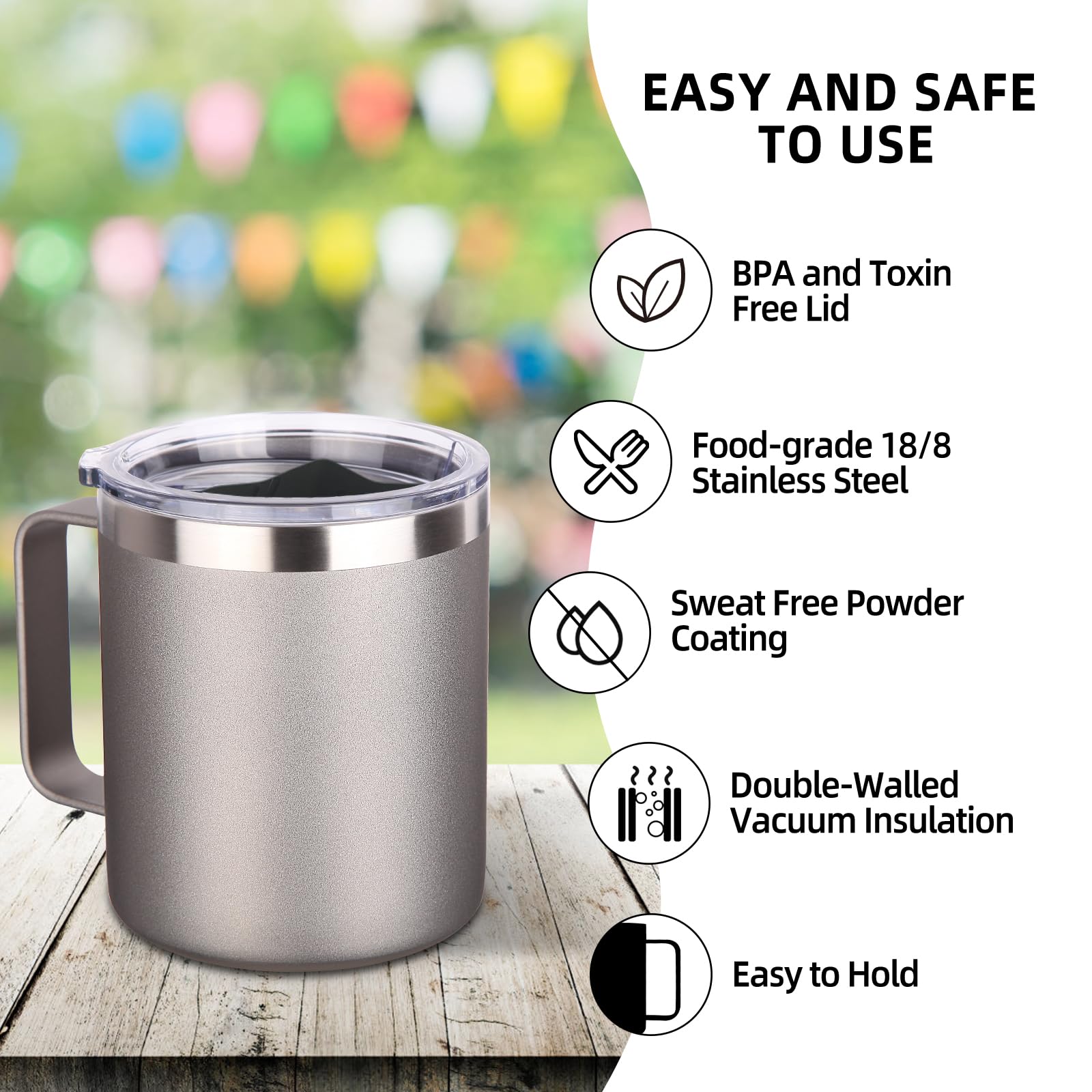 Volhoply 14oz Insulated Stainless Steel Coffee Mug with Leakproof Lid,Double Wall Vacuum Travel Coffee Cup with Handle,Reusable Metal Tumbler,Camping Mugs Keep Hot/Cold,Christmas Gifts(Gray,1) - Image 4
