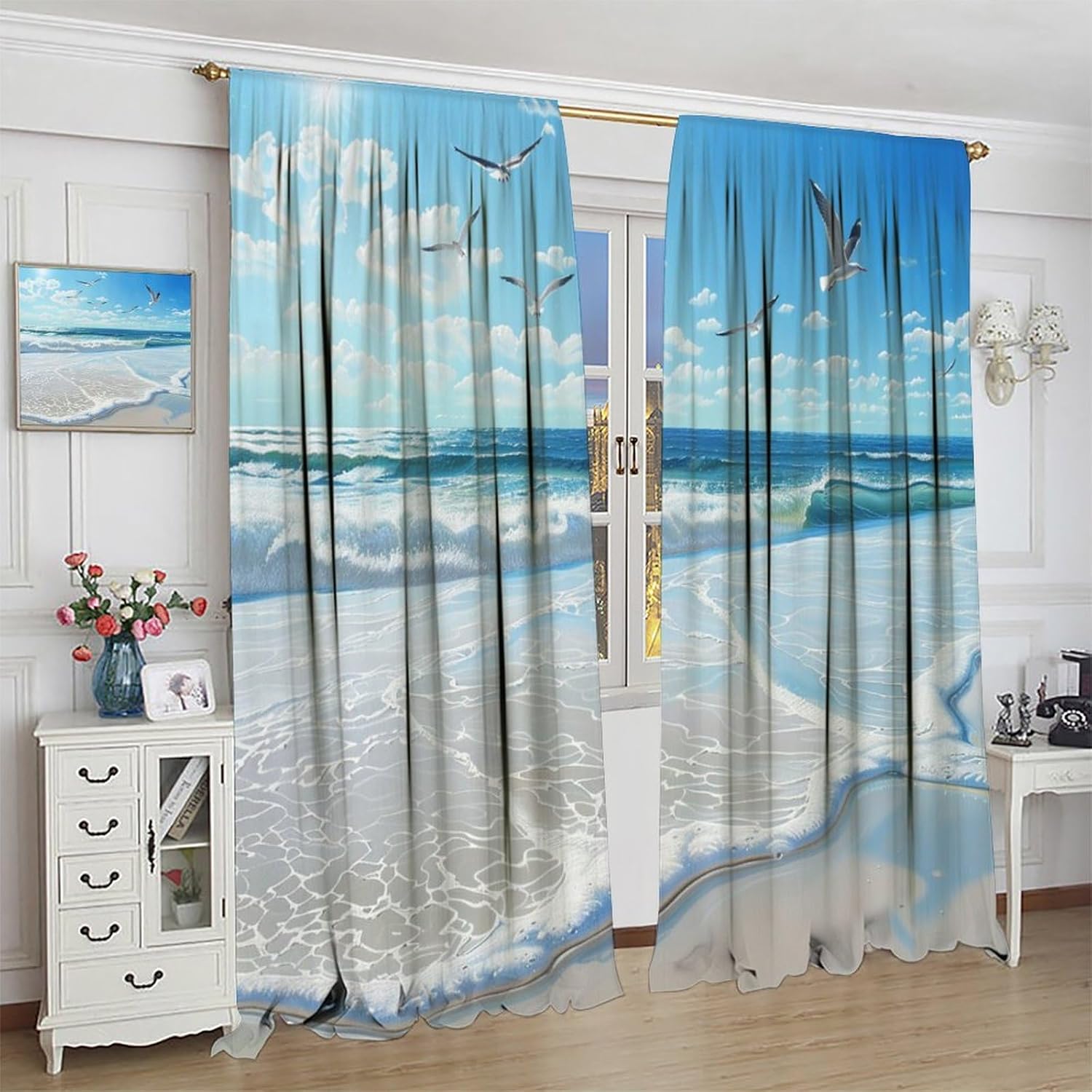 Blue Sea Seagull Blackout Curtains for Bedroom Kitchen, Beach Seabird Animal Window Curtains Rod Pocket Thermal Insulated Window Drapes, 2 Panels, Each 21" W x 45" L