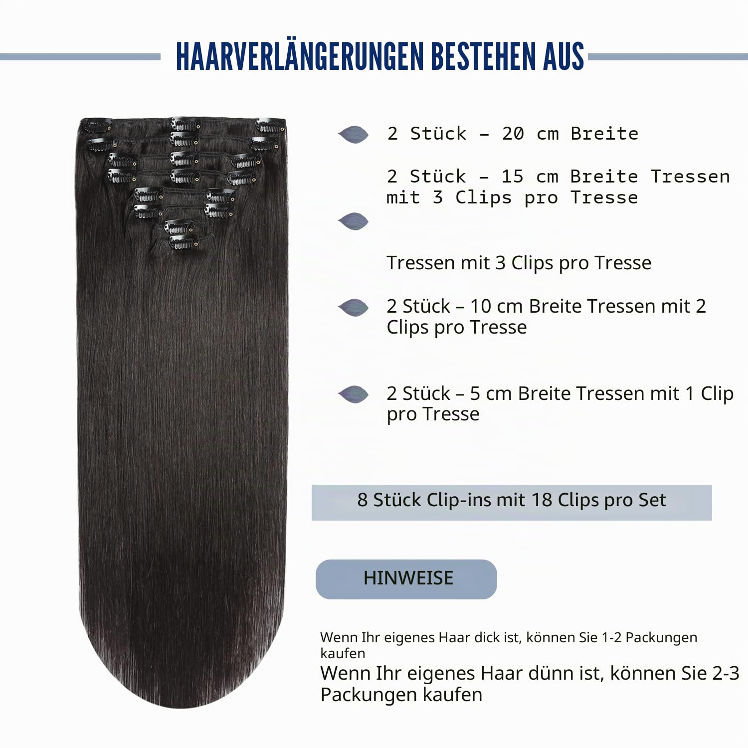 Sunya Clip In Echthaar Verlängerungen Remy Clip in Extensions Human Hair Natürliches Schwarz Nahtlos Glattes Haar Extensions Real Bouble Hair Weft 45cm 120g 8pcs
