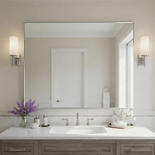 Miniatura 154 de Espejo de baño dorado naranja de 30 x 30 pulgadas para pared, espejo rectangular rectangular con marco de aluminio, moderno grande para dormitorio