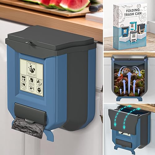 Onadak Basurero de cocina con tapa, pequeño bote de basura plegable para encimera, 2.4 galones de basura para cocina, debajo del fregadero,