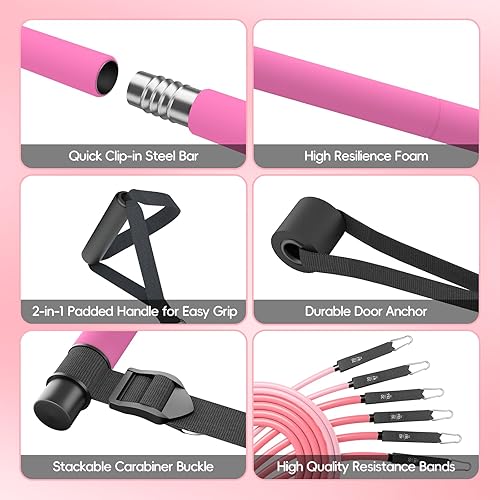 Miniatura 5 de Kit de barra de pilates con bandas de resistencia, barra de pilates portátil para gimnasio en casa, yoga y entrenamientos de cuerpo completo, equipo