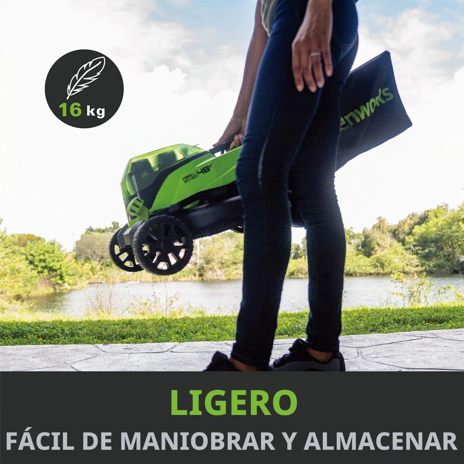 Cortacésped sin cable Greenworks GD24X2LM36K2x (Li-Ion 2x24V 36cm anchura hasta 250m² 40L recogedor de hierba 5 regulaciones altura de corte con batería de 2x2Ah y cargador de doble ranura)