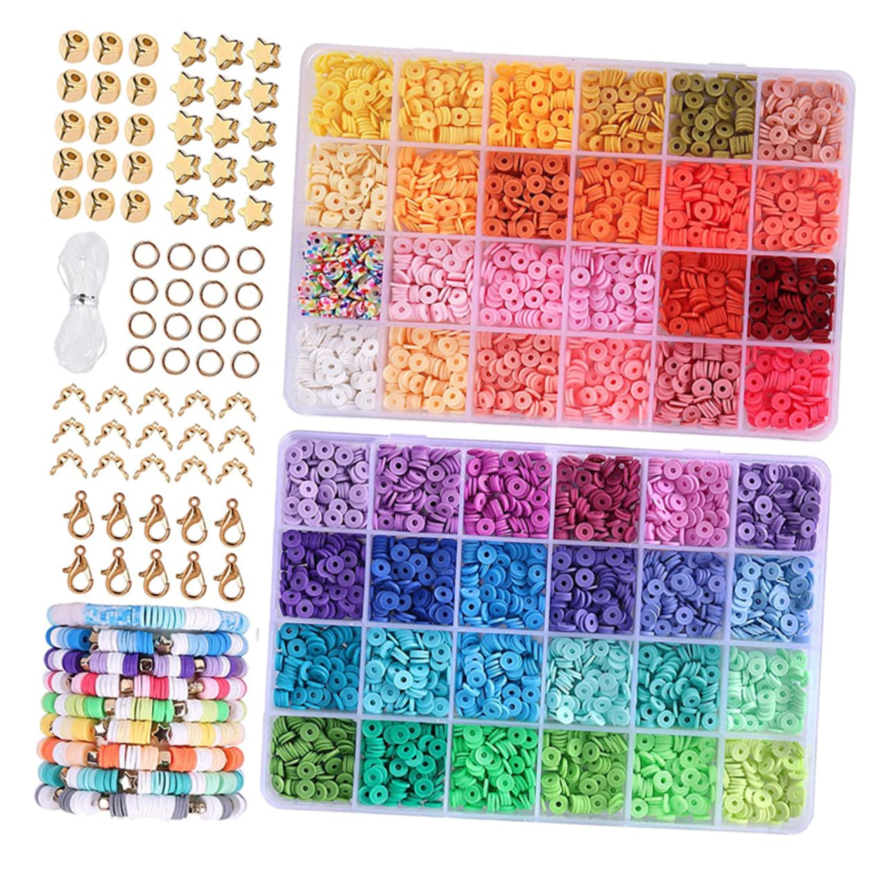 Sewroro Kit de Cuentas de Arcilla Polimérica 1 Juego para Pulseras | Incluye Colgantes y Dijes, Caja de Almacenamiento, Formas de Figura y Anillo, Mezcla de Metal y Arcilla