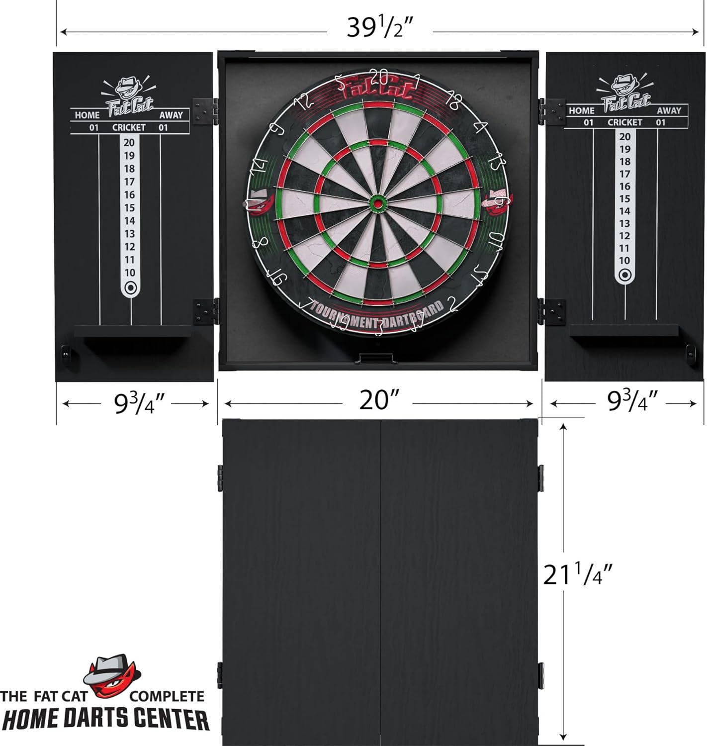 Fat Cat Complete Home Darts Center - Reinforced Black Cabinet with Integrated Scoreboards, Competition-Grade Bristle Dartboard, 6 Steel-Tip Darts, Throw Line & Accessories